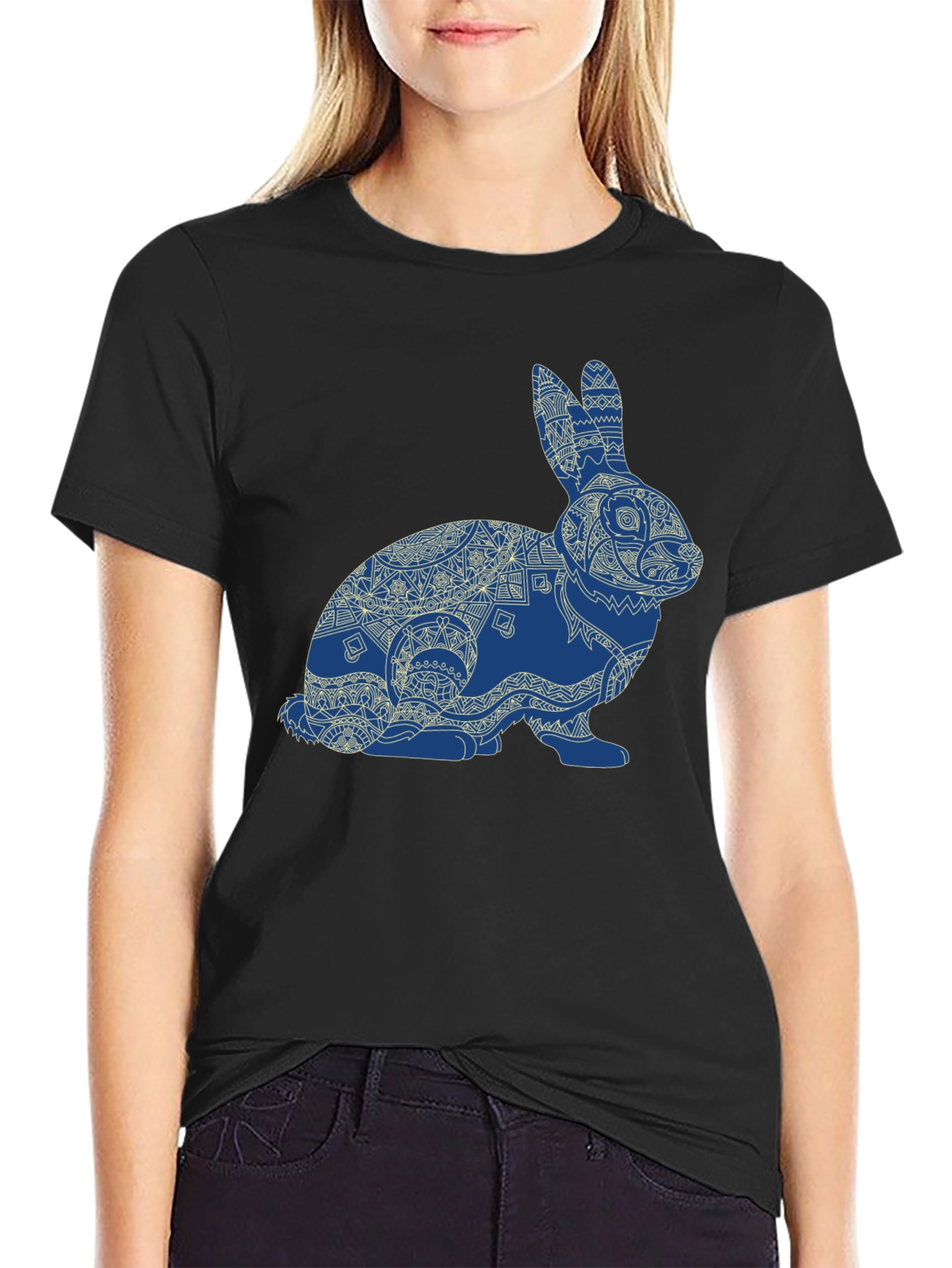 Rabbit Mandala Graphic Tee - Black Cotton Blend