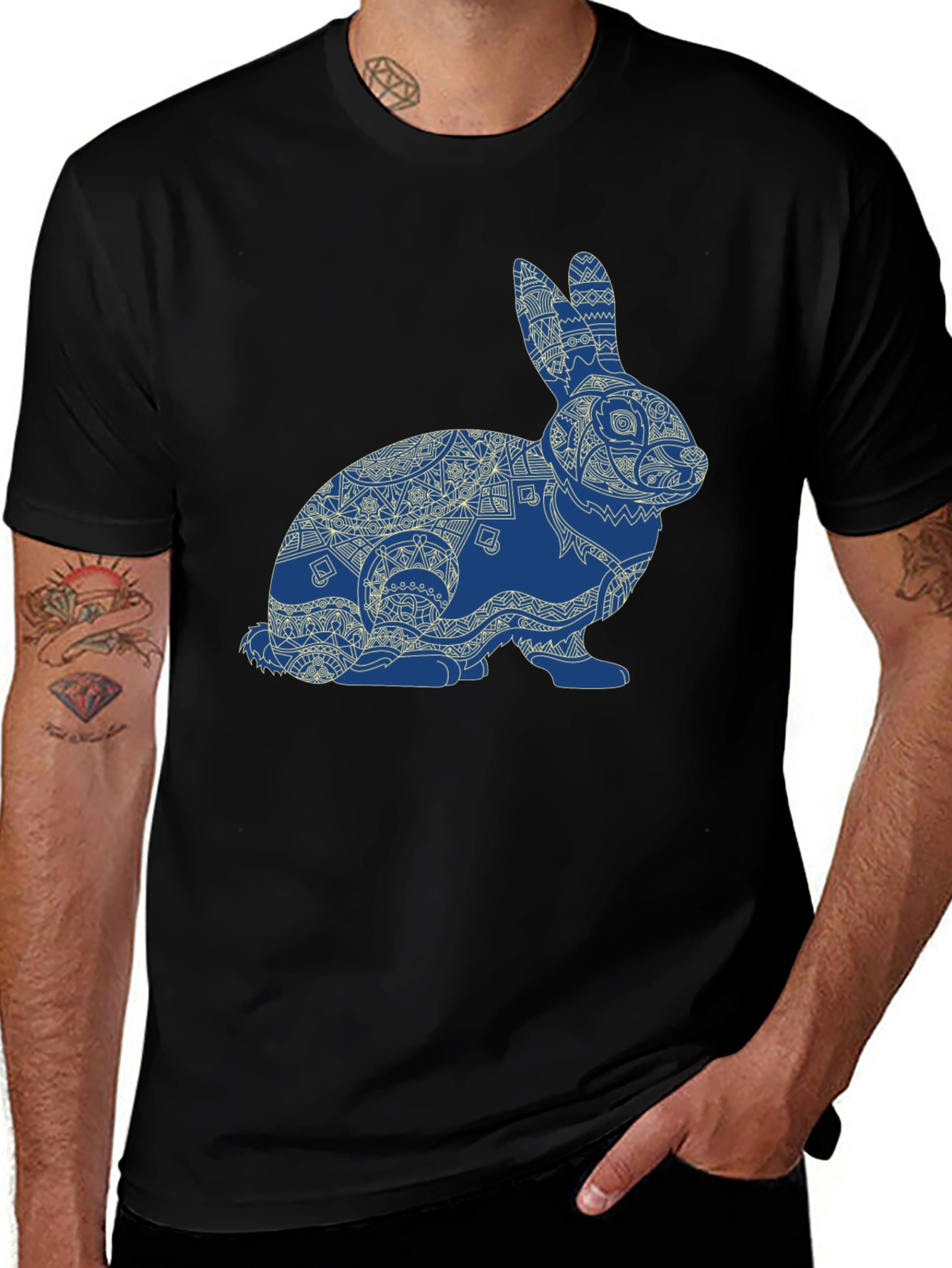 Rabbit Mandala Graphic Tee - Black Cotton Blend