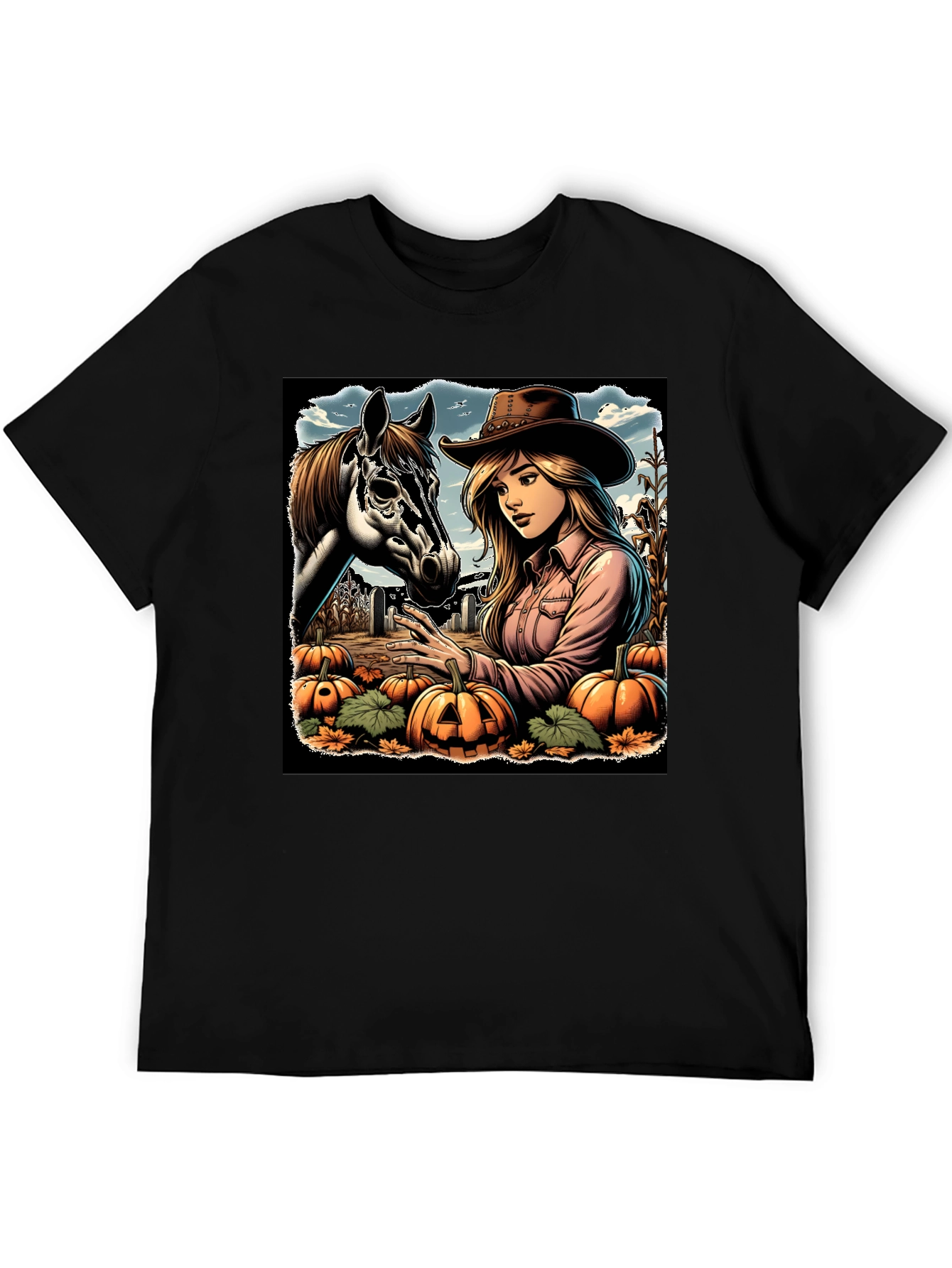 Cowgirl and Horse Pumpkin Patch Black Tee