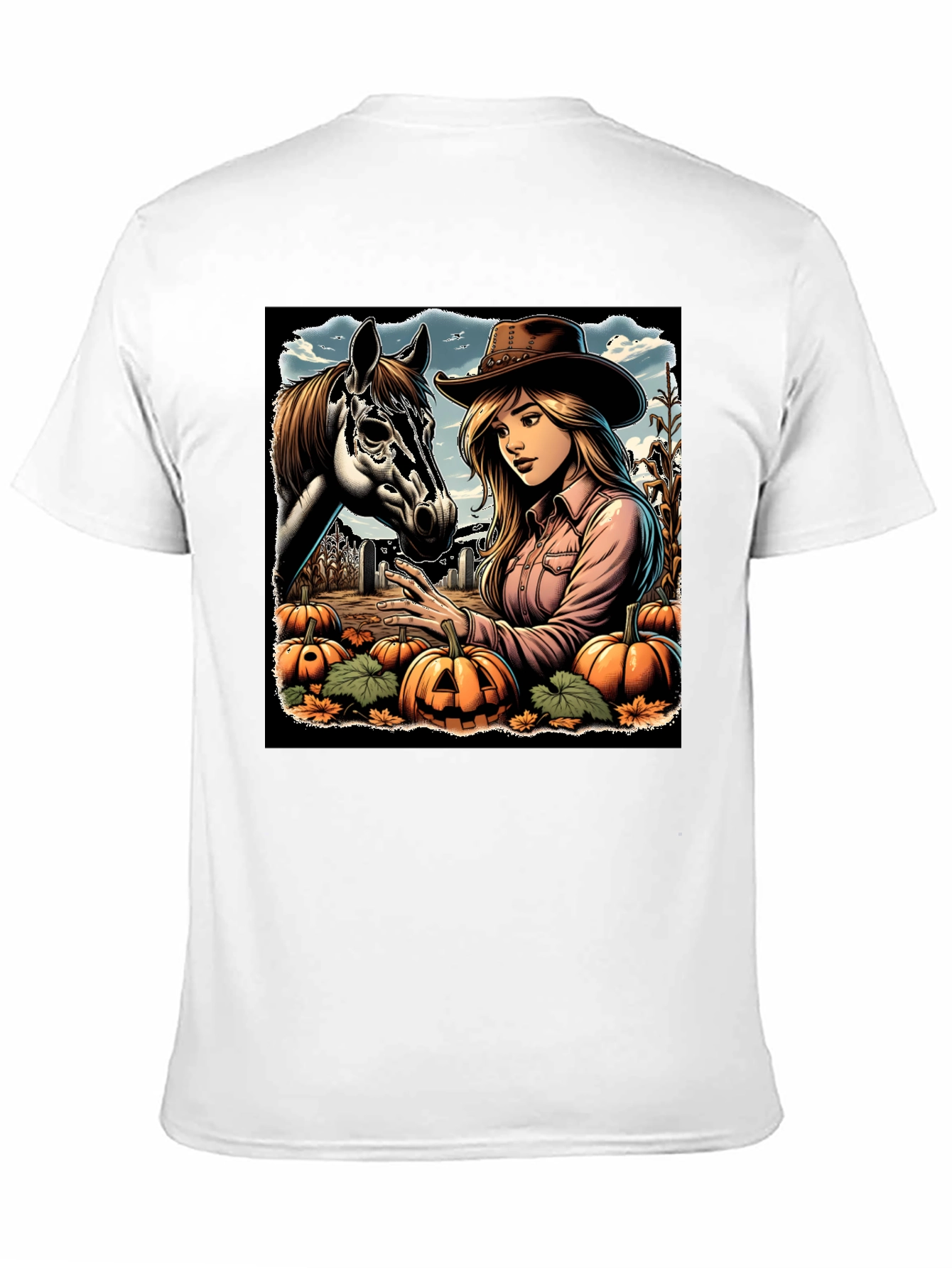 Cowgirl and Horse Pumpkin Patch Black Tee