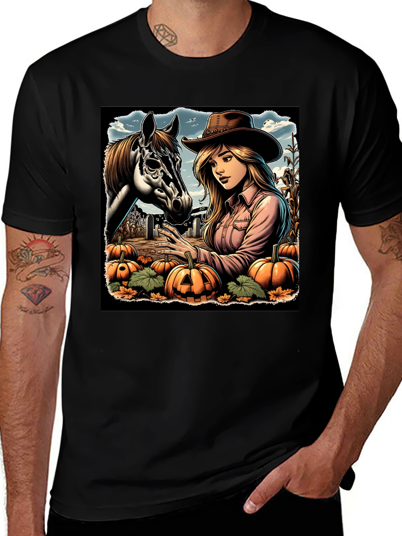 Cowgirl and Horse Pumpkin Patch Black Tee