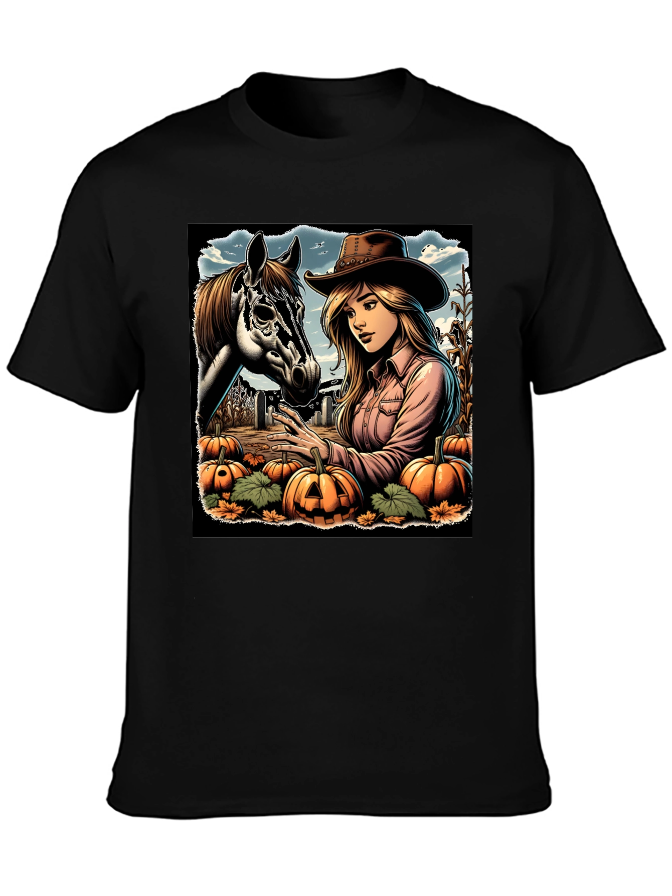 Cowgirl and Horse Pumpkin Patch Black Tee