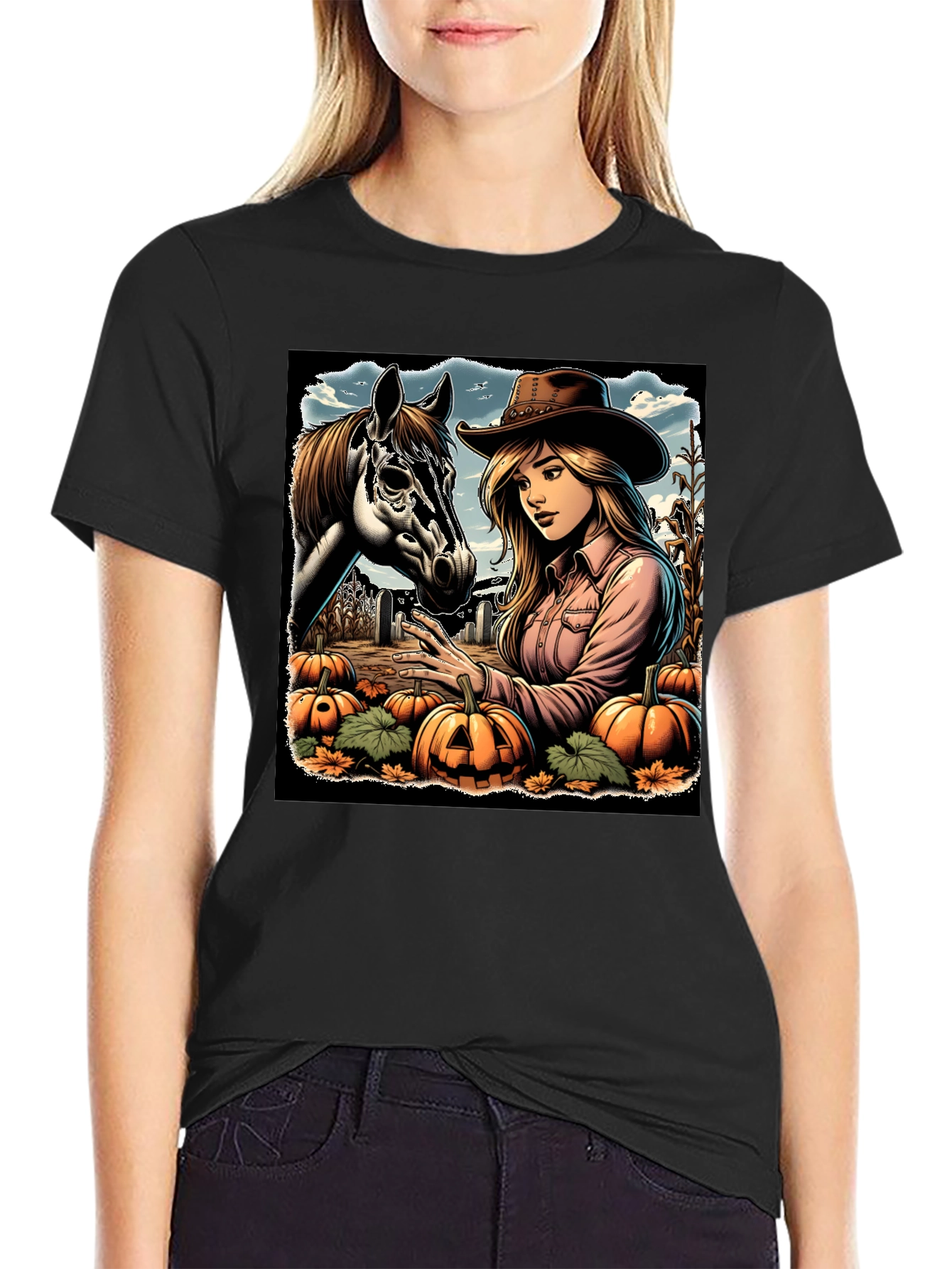 Cowgirl and Horse Pumpkin Patch Black Tee