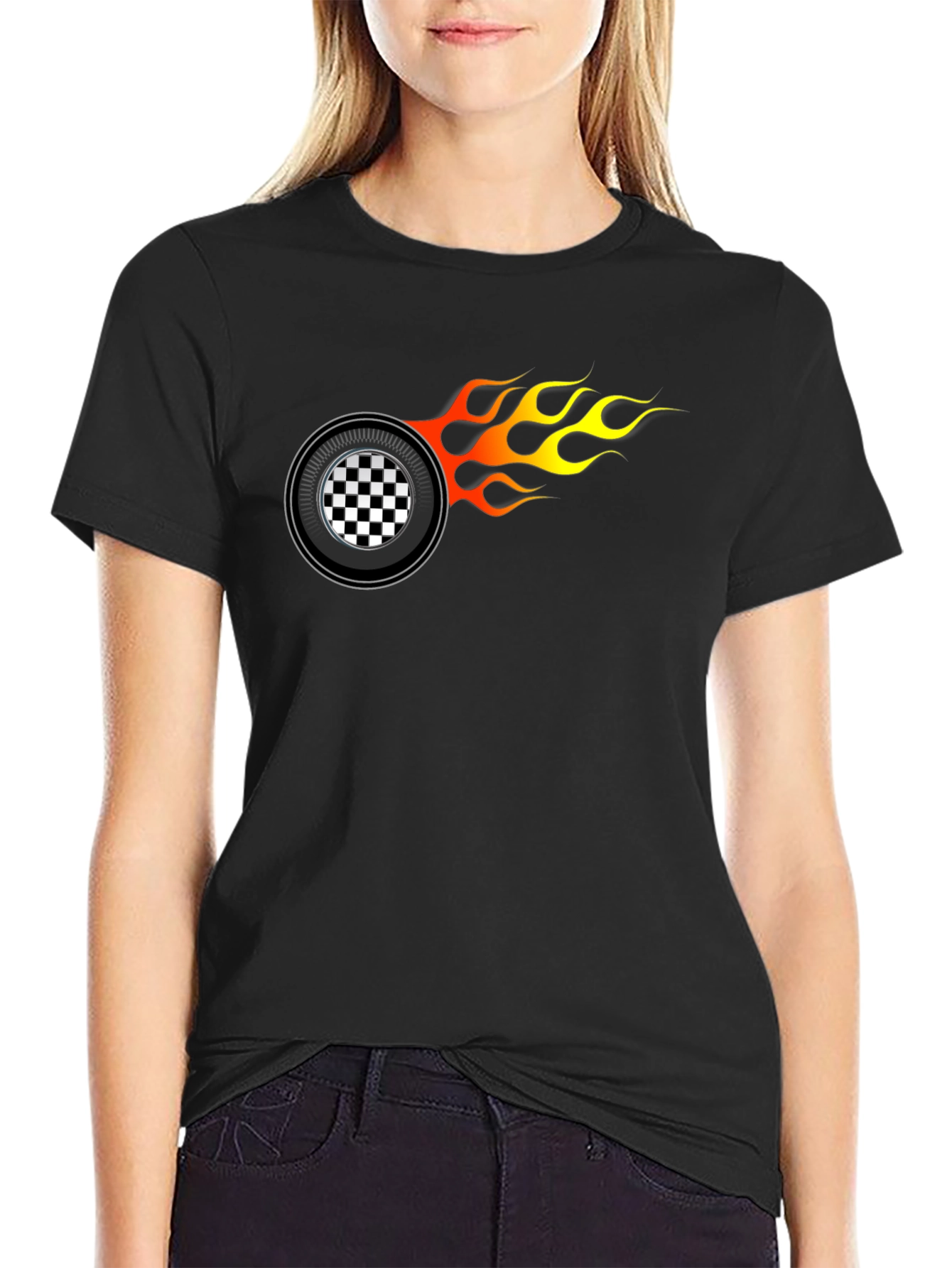Racing Wheel Flame Graphic Black T-Shirt