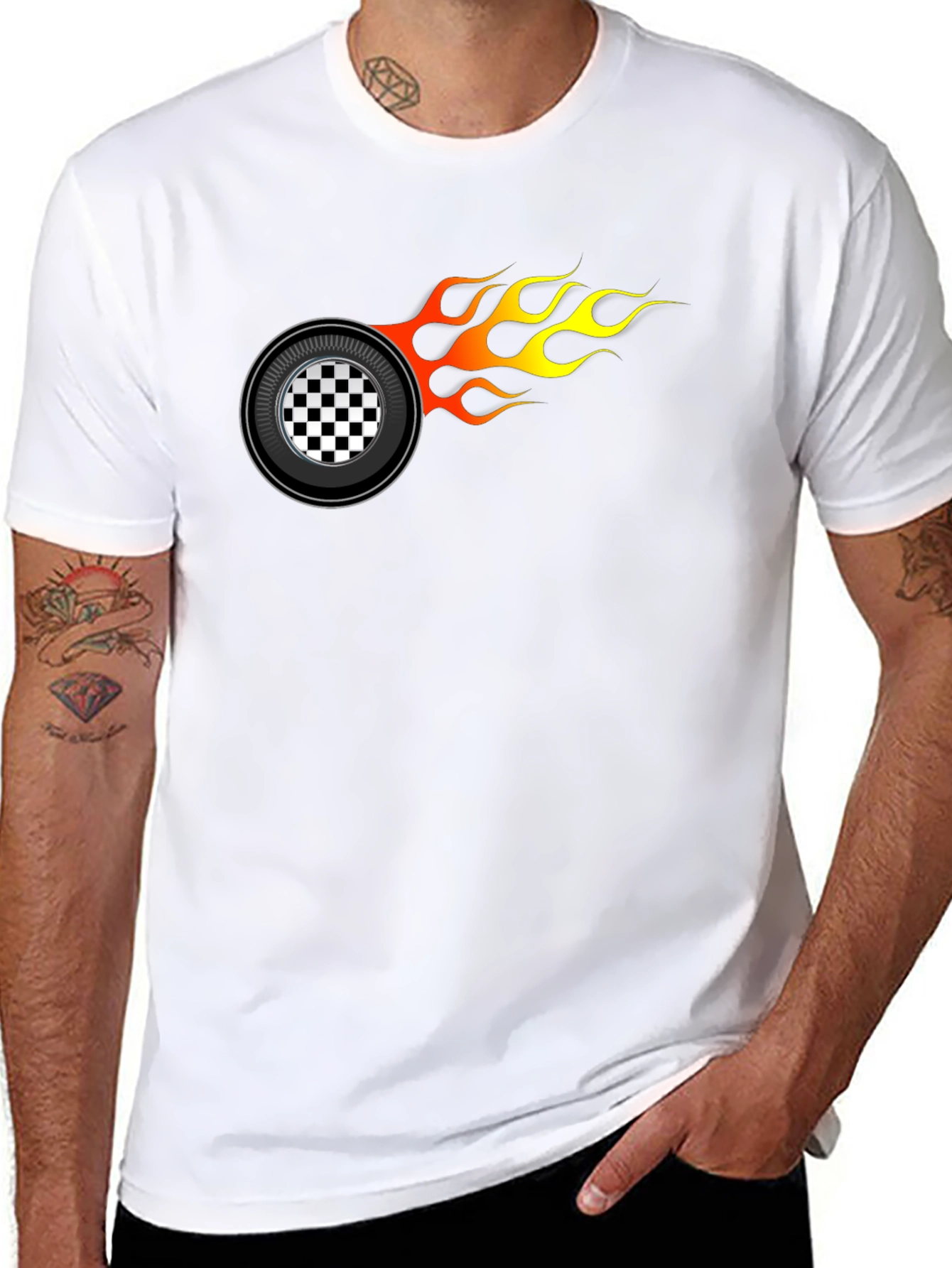 Racing Wheel Flame Graphic Black T-Shirt