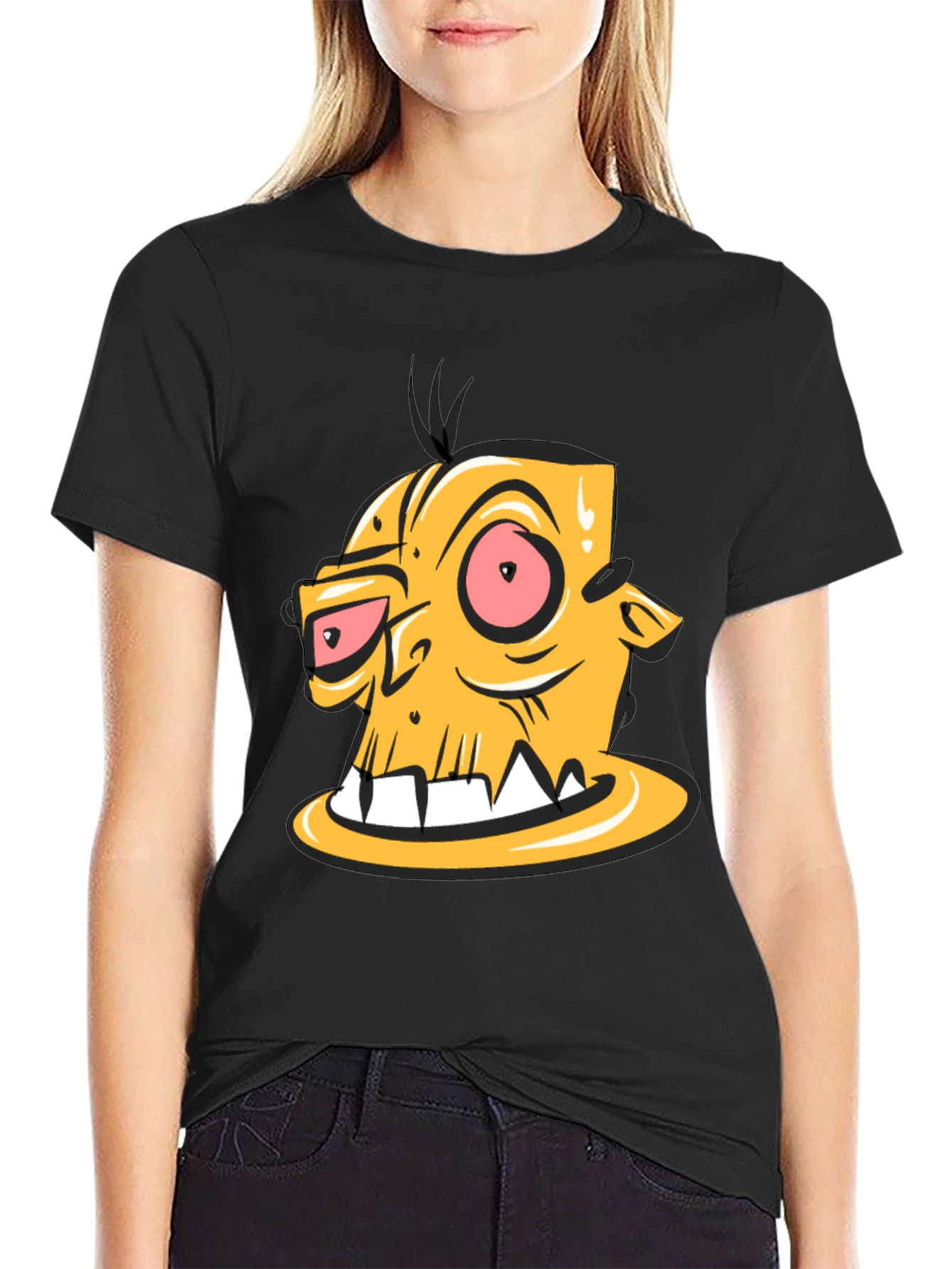 Cartoon Zombie Head Graphic Black T-Shirt