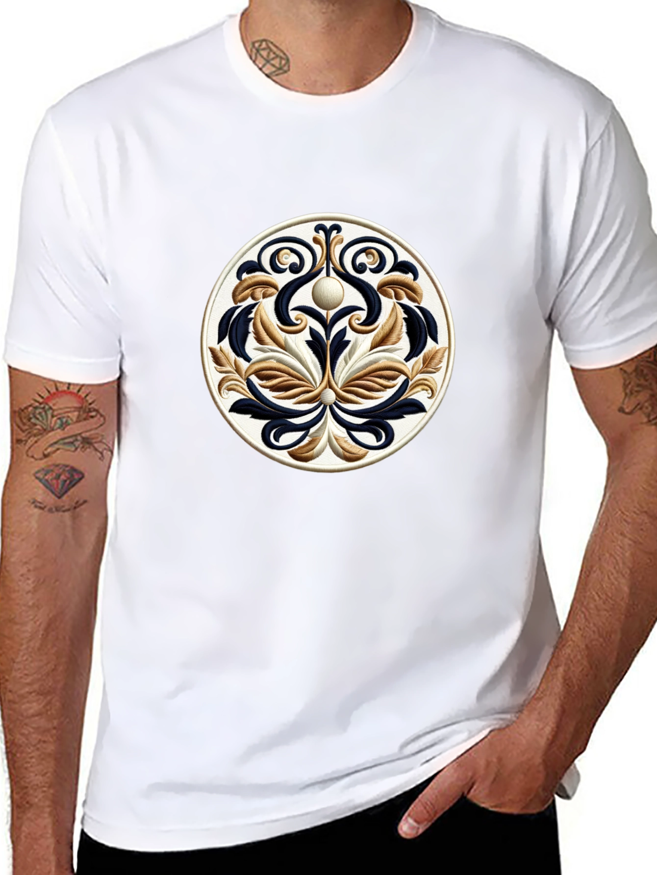 Elegant Black T-Shirt with Ornamental Circle Design