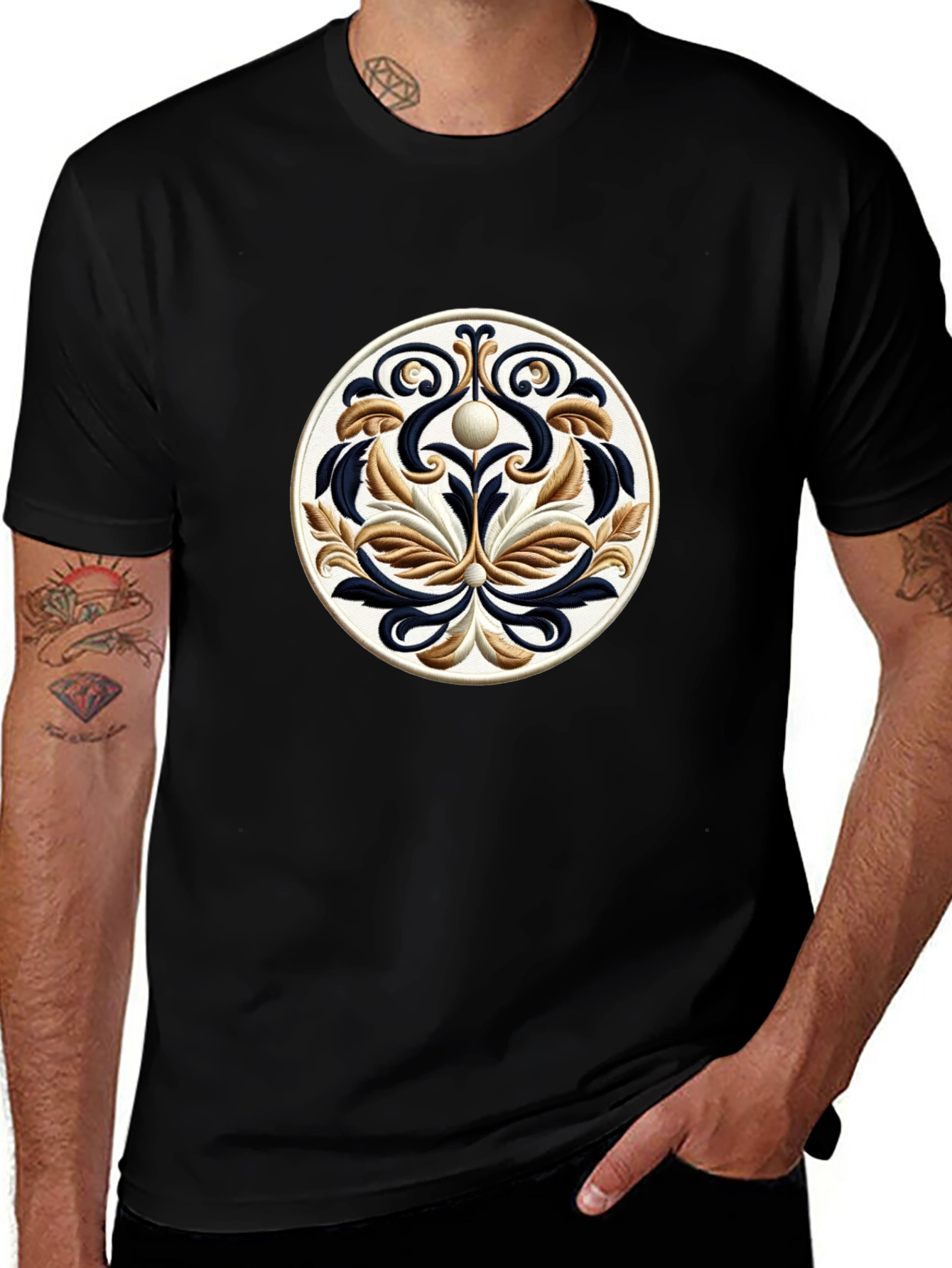 Elegant Black T-Shirt with Ornamental Circle Design