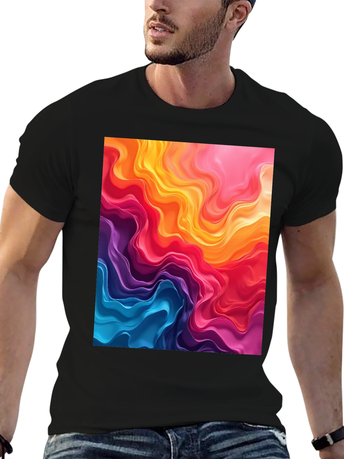 Vibrant Abstract Swirls Graphic Black T-Shirt