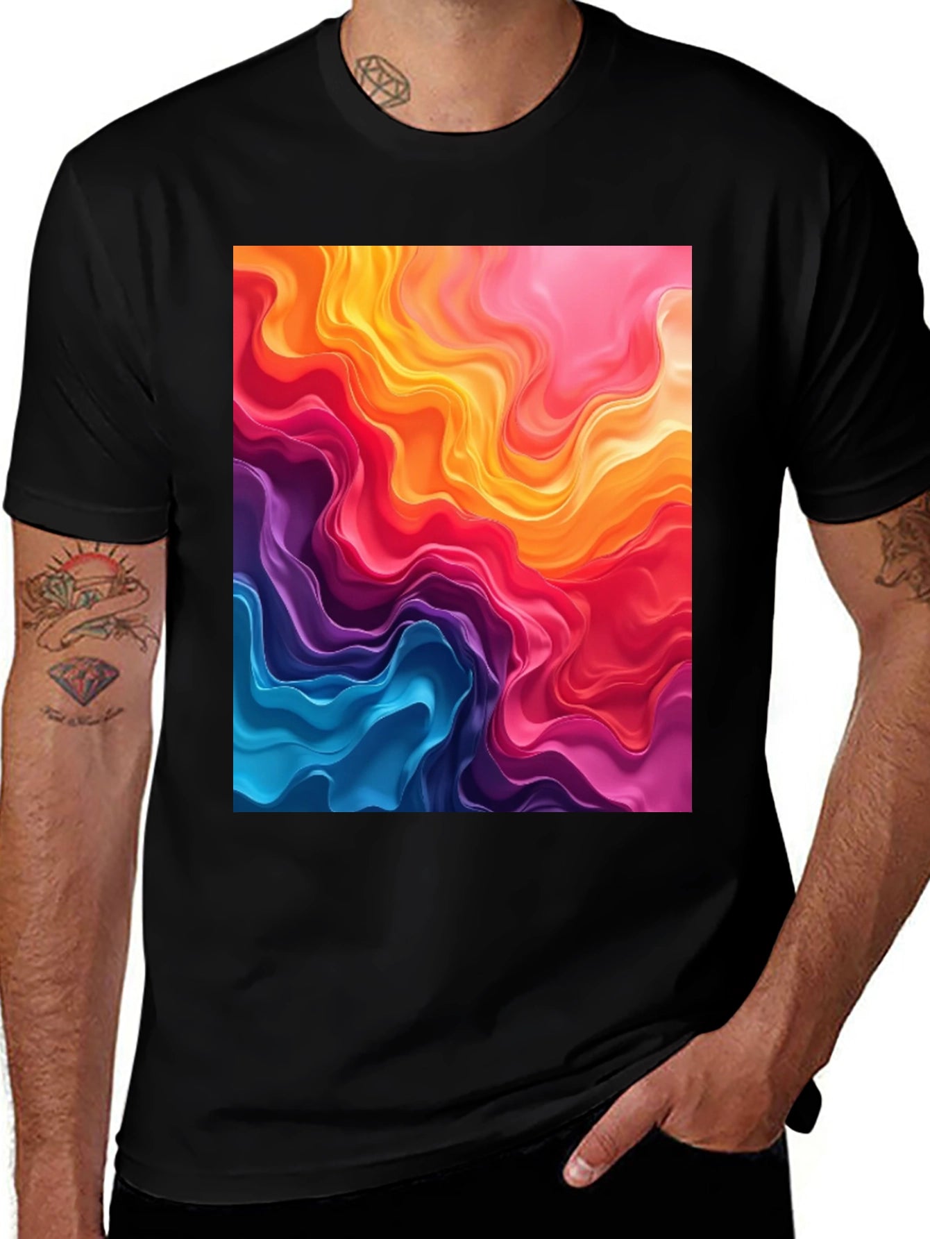 Vibrant Abstract Swirls Graphic Black T-Shirt