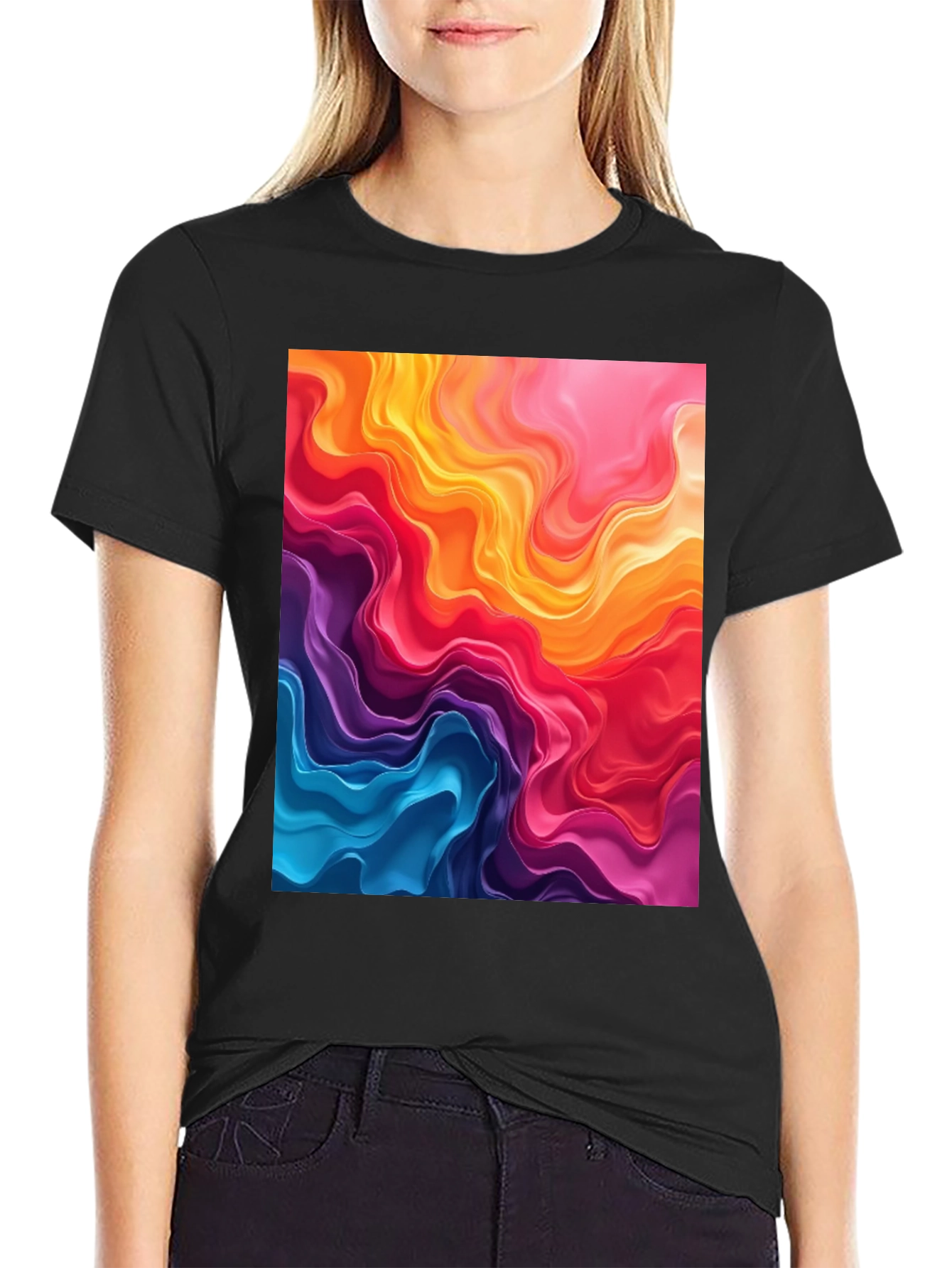 Vibrant Abstract Swirls Graphic Black T-Shirt