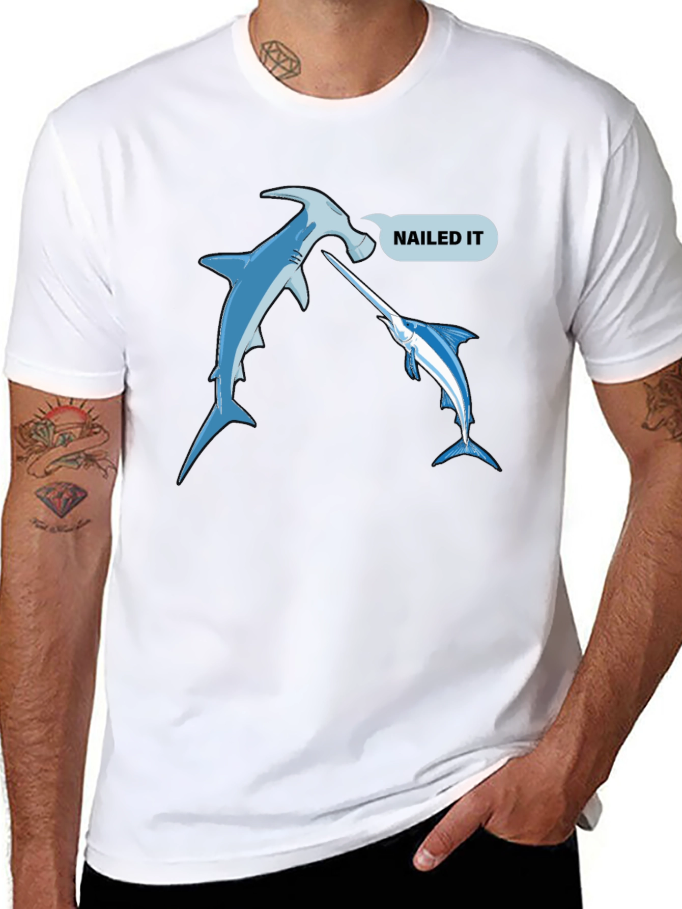 Nailed It Funny Hammerhead Shark & Marlin Black T-Shirt