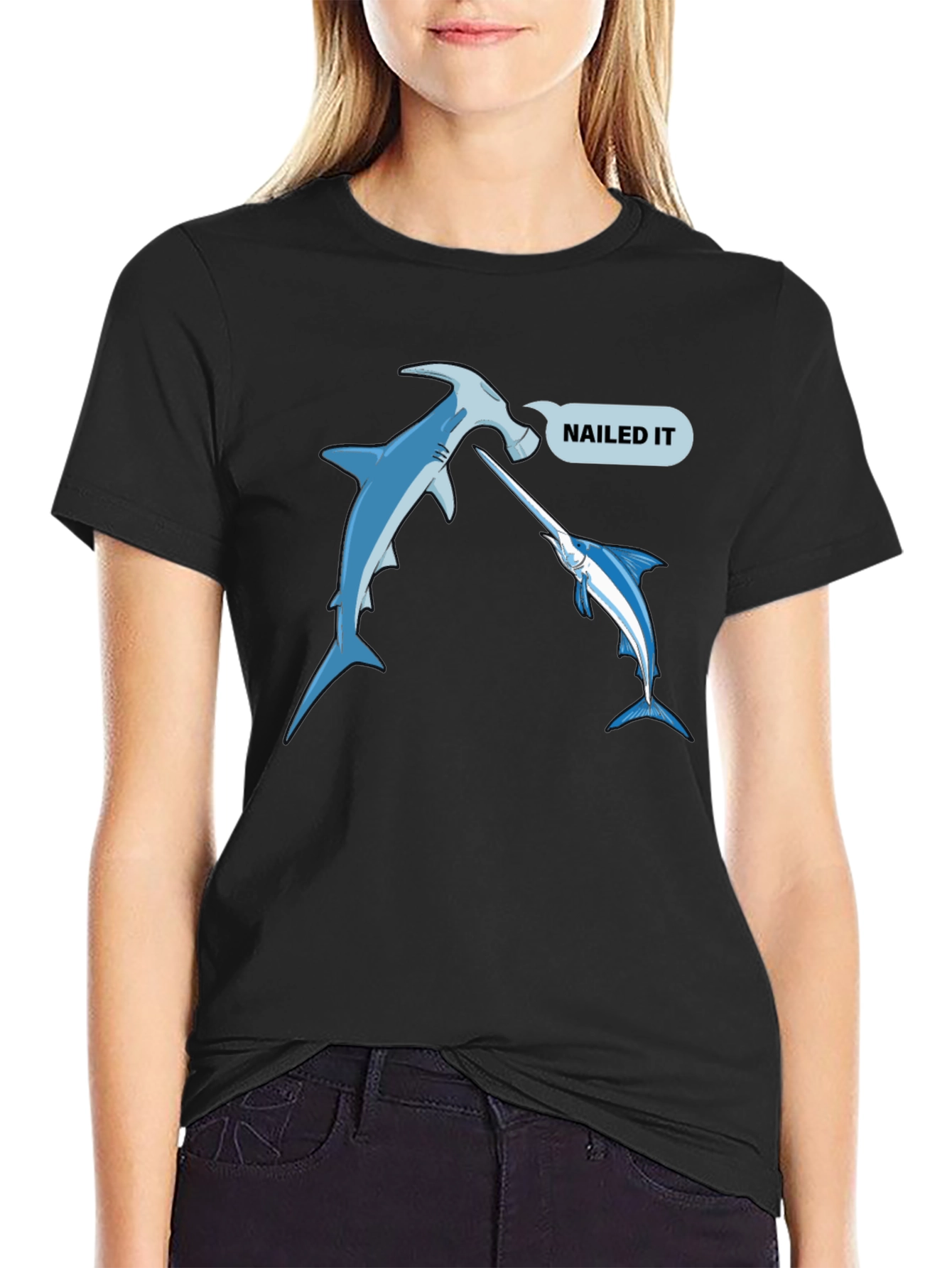Nailed It Funny Hammerhead Shark & Marlin Black T-Shirt