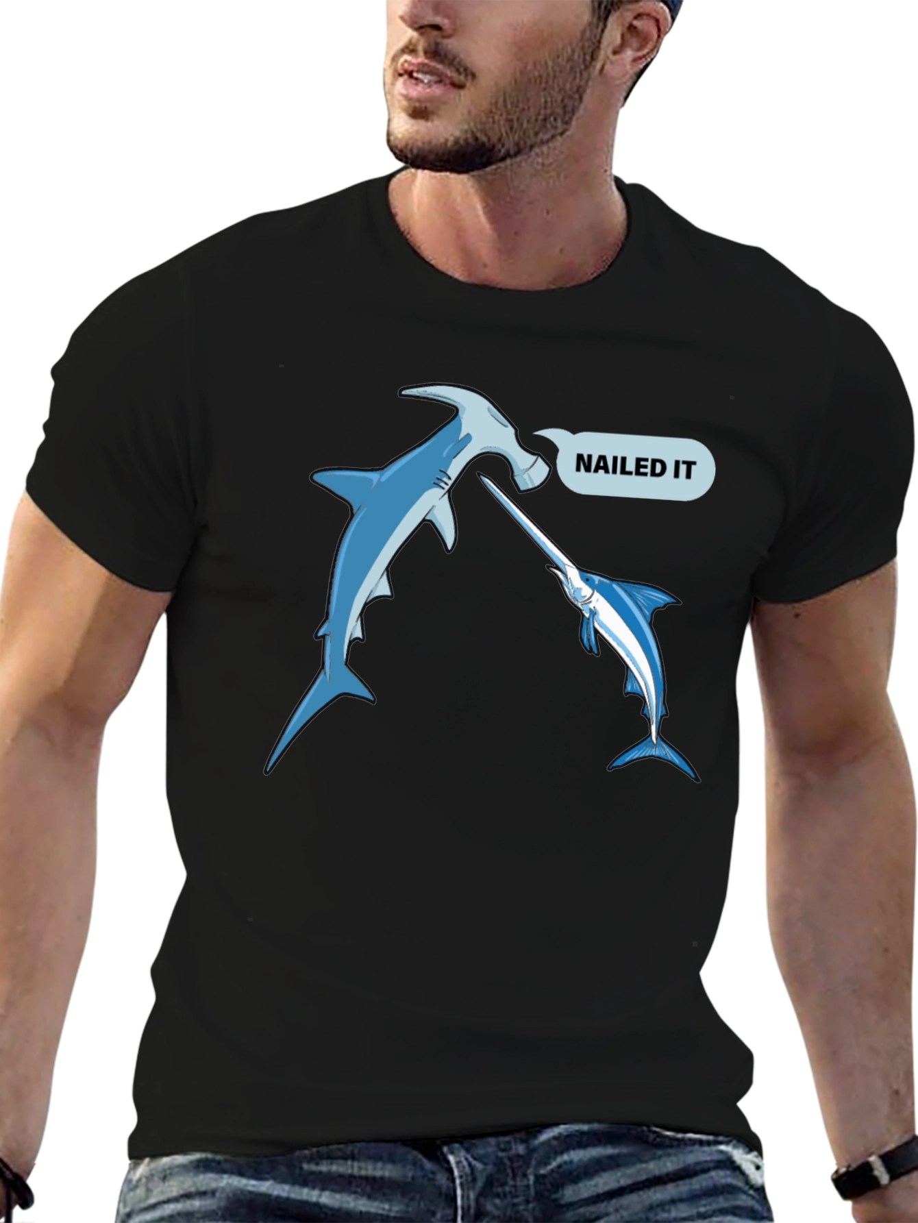 Nailed It Funny Hammerhead Shark & Marlin Black T-Shirt