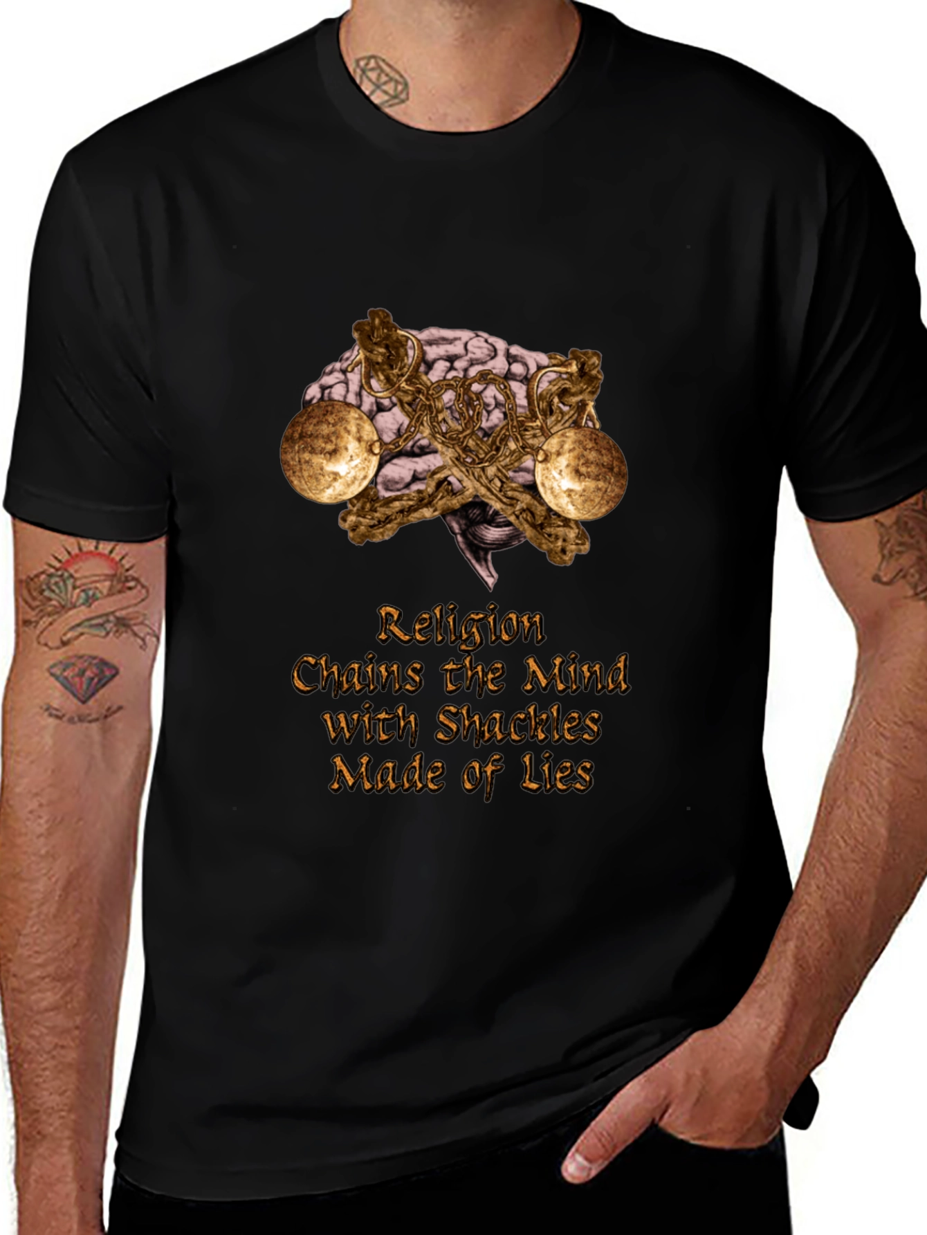 Religion Chains Mind T-Shirt Atheist Brain Shackles Graphic Tee