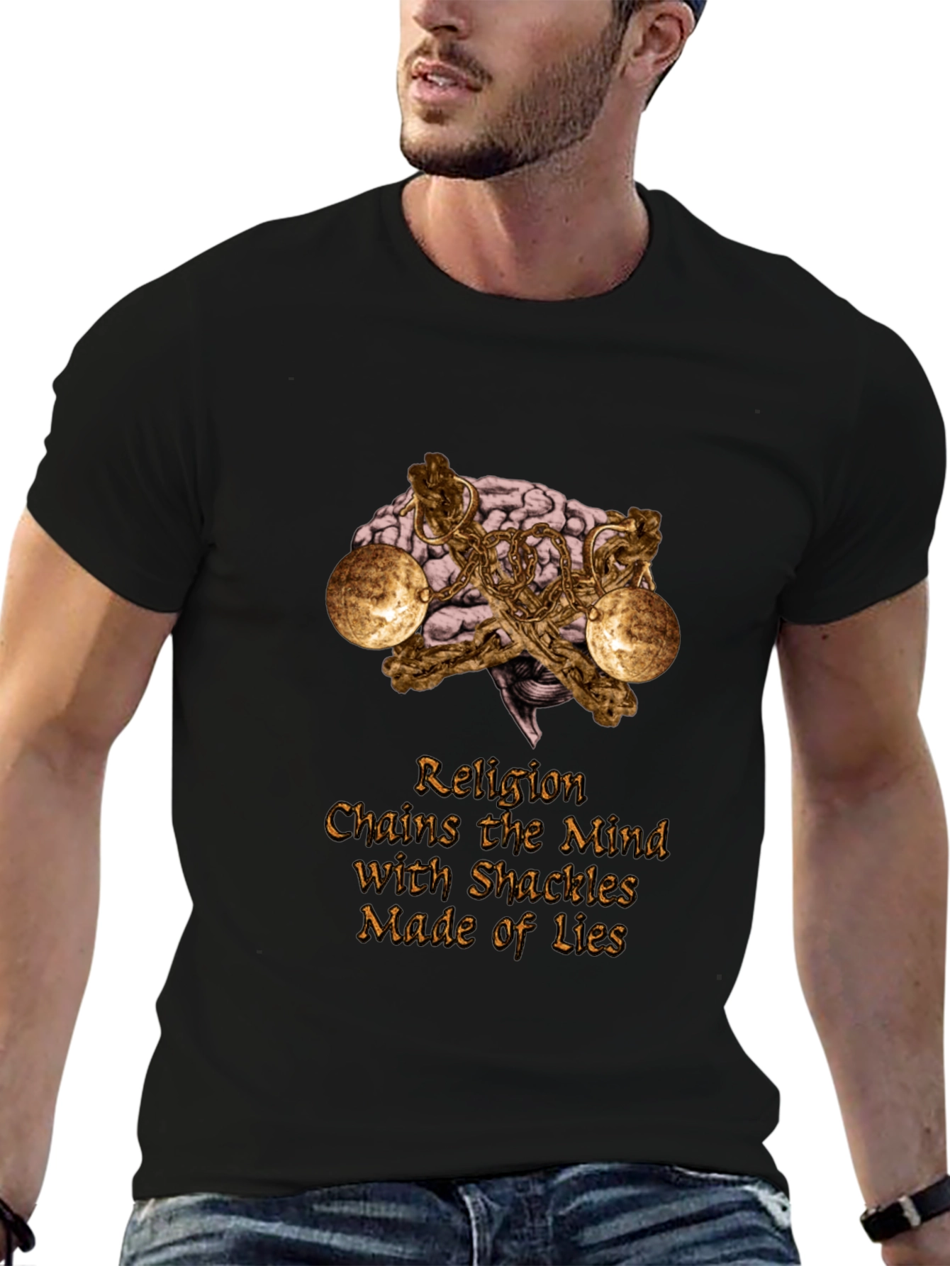 Religion Chains Mind T-Shirt Atheist Brain Shackles Graphic Tee