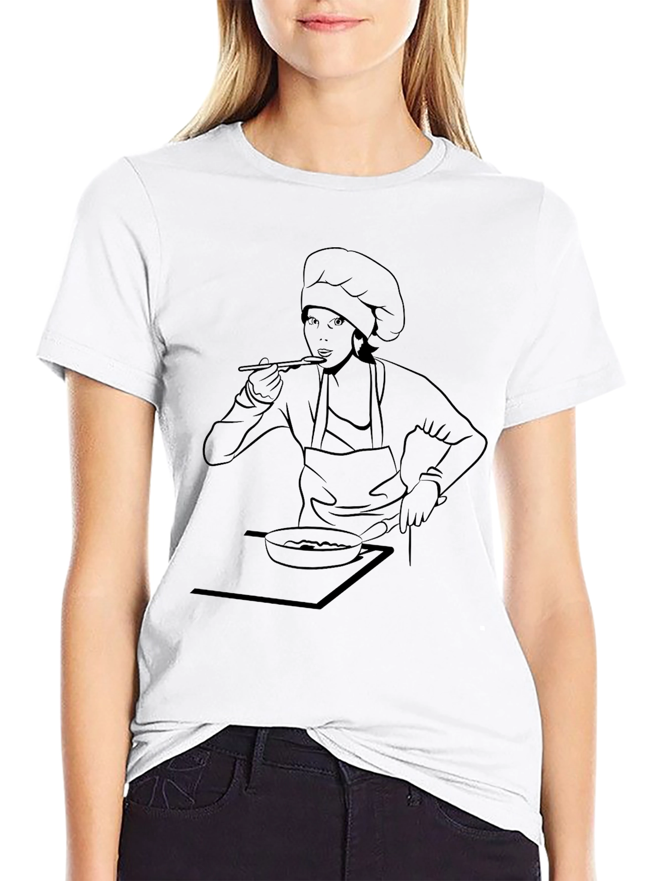 Chef Woman Line Art Graphic Tee - Black