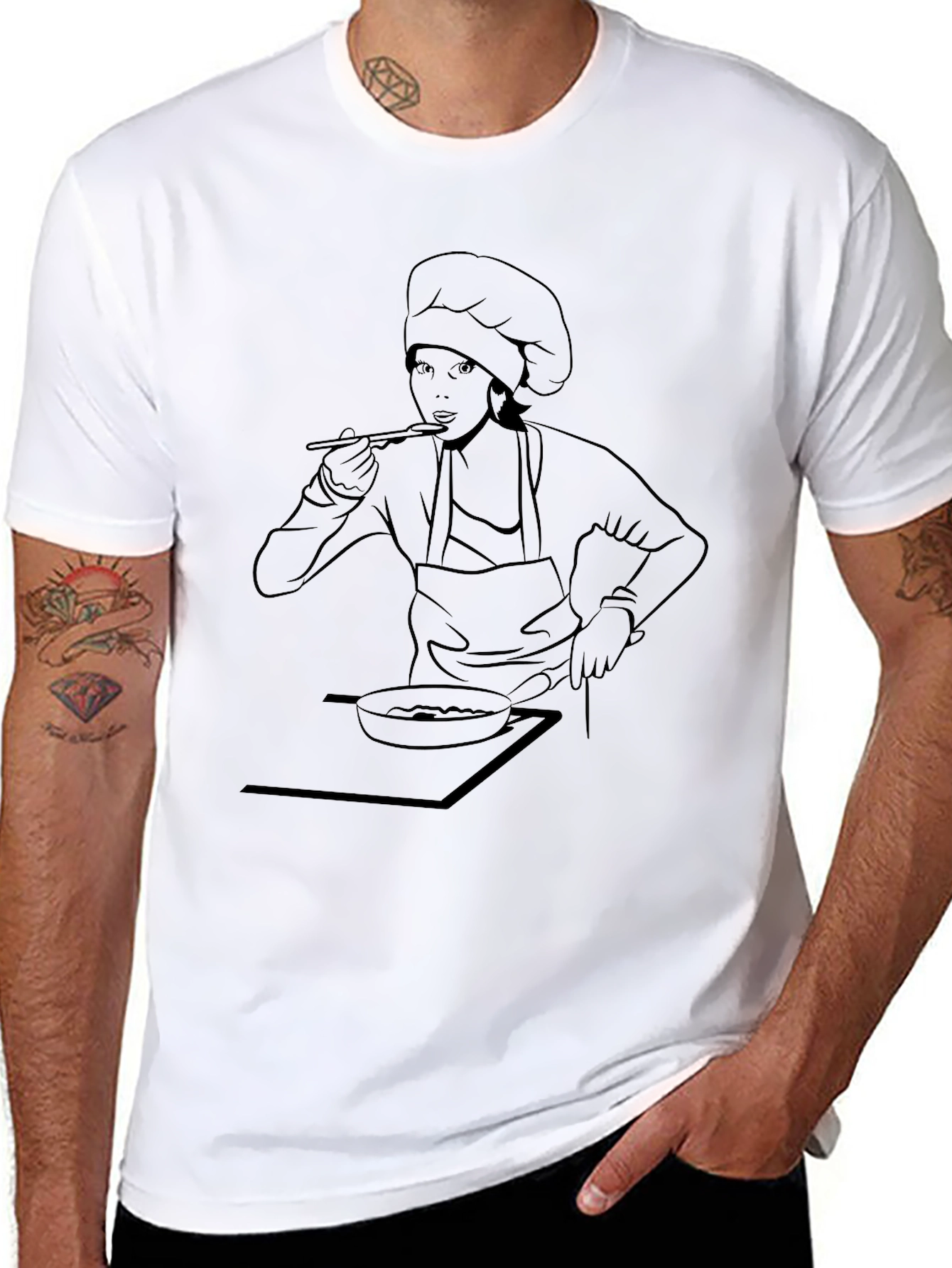 Chef Woman Line Art Graphic Tee - Black