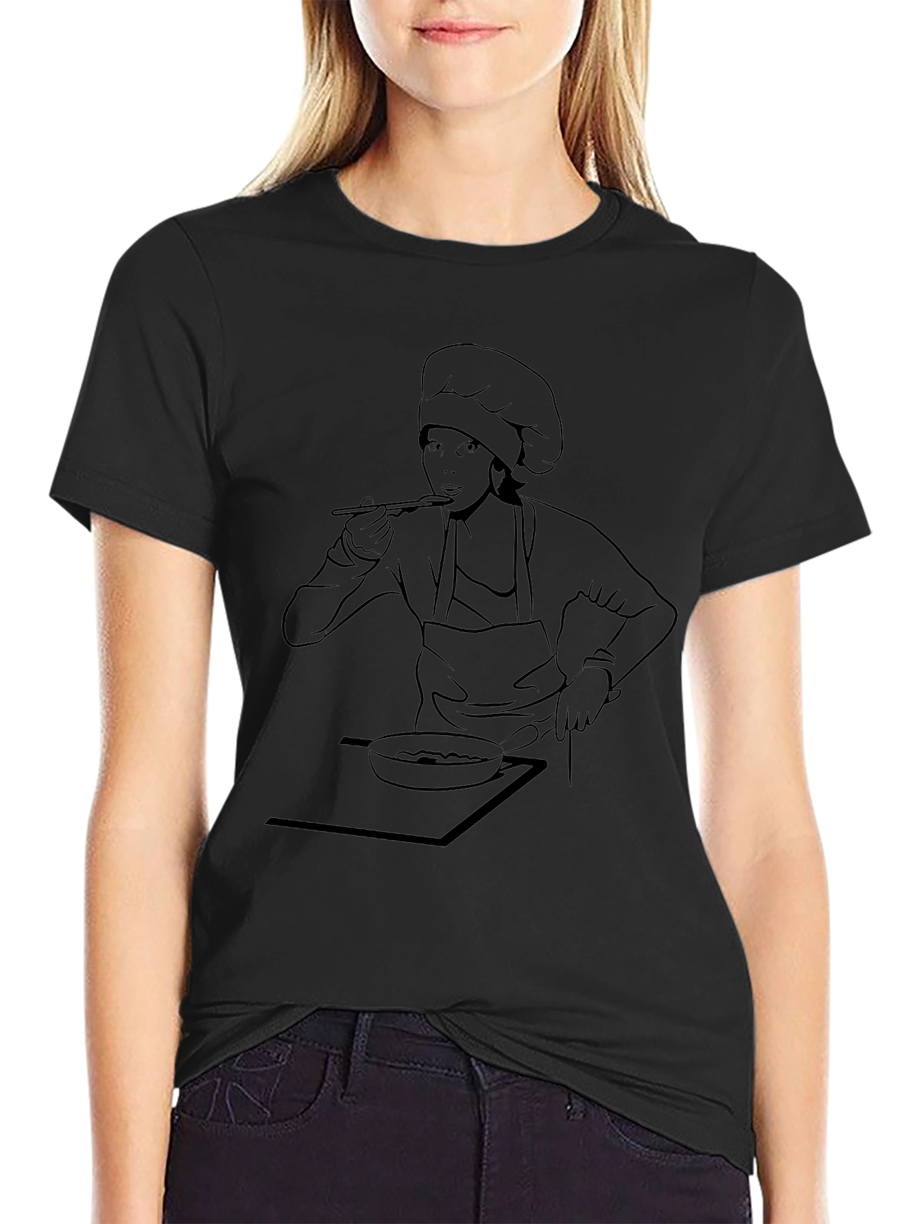 Chef Woman Line Art Graphic Tee - Black