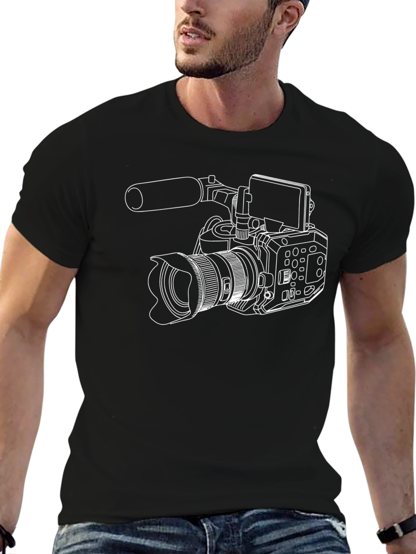 Camera Outline T-Shirt - Black Crew Neck Graphic Tee