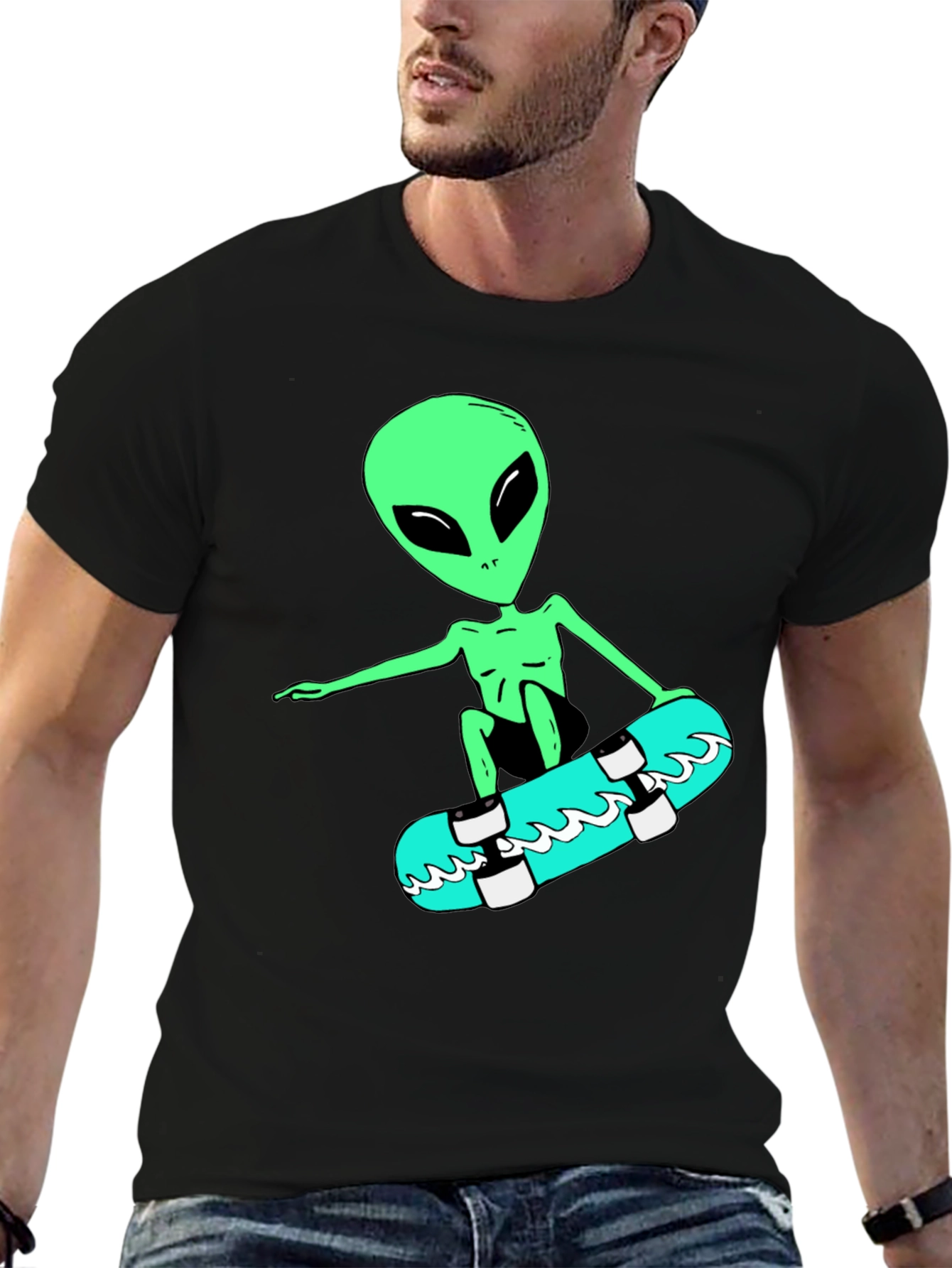 Alien Skateboarder Graphic Tee - Black