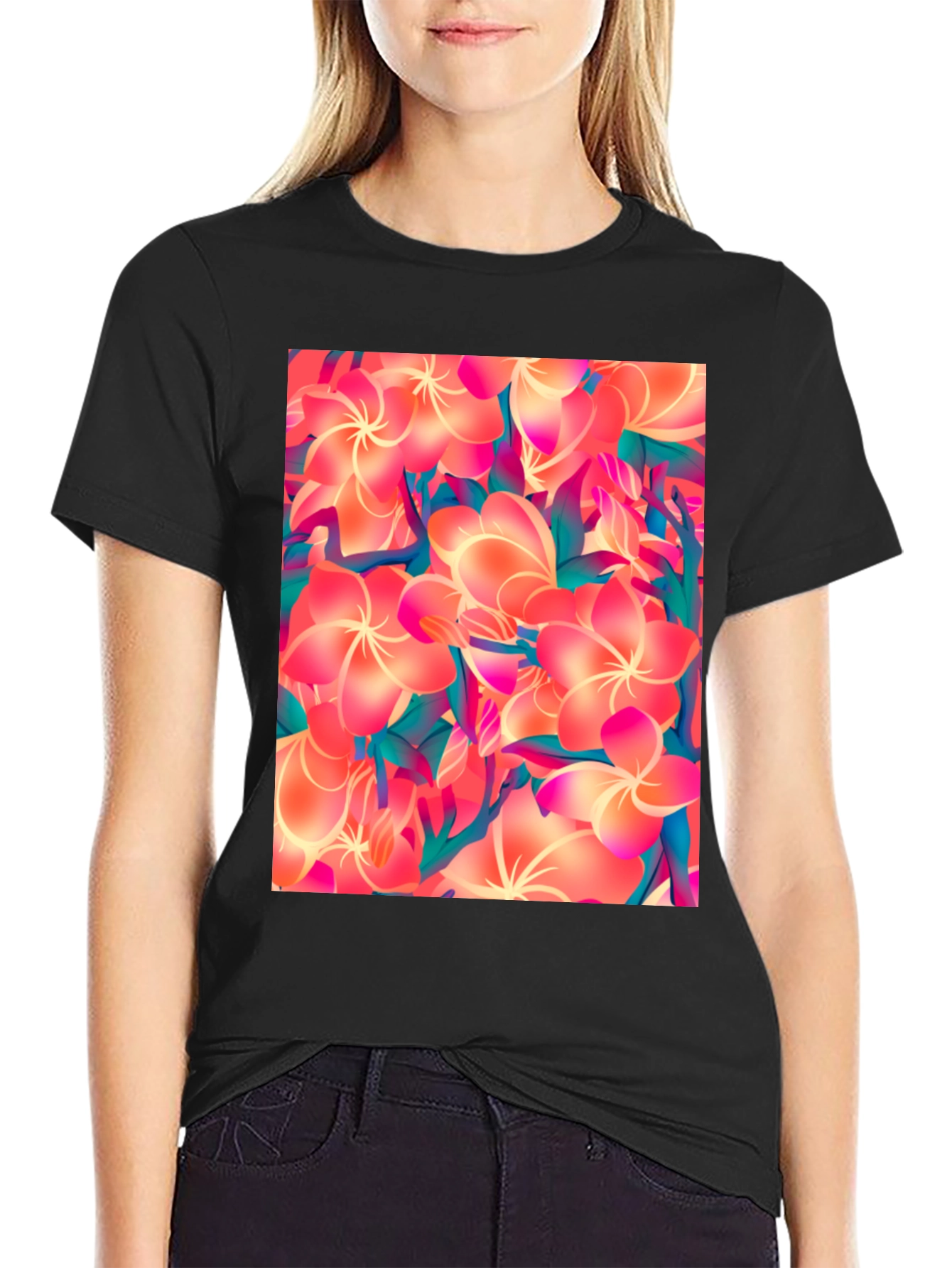 Tropical Floral Print Black T-Shirt