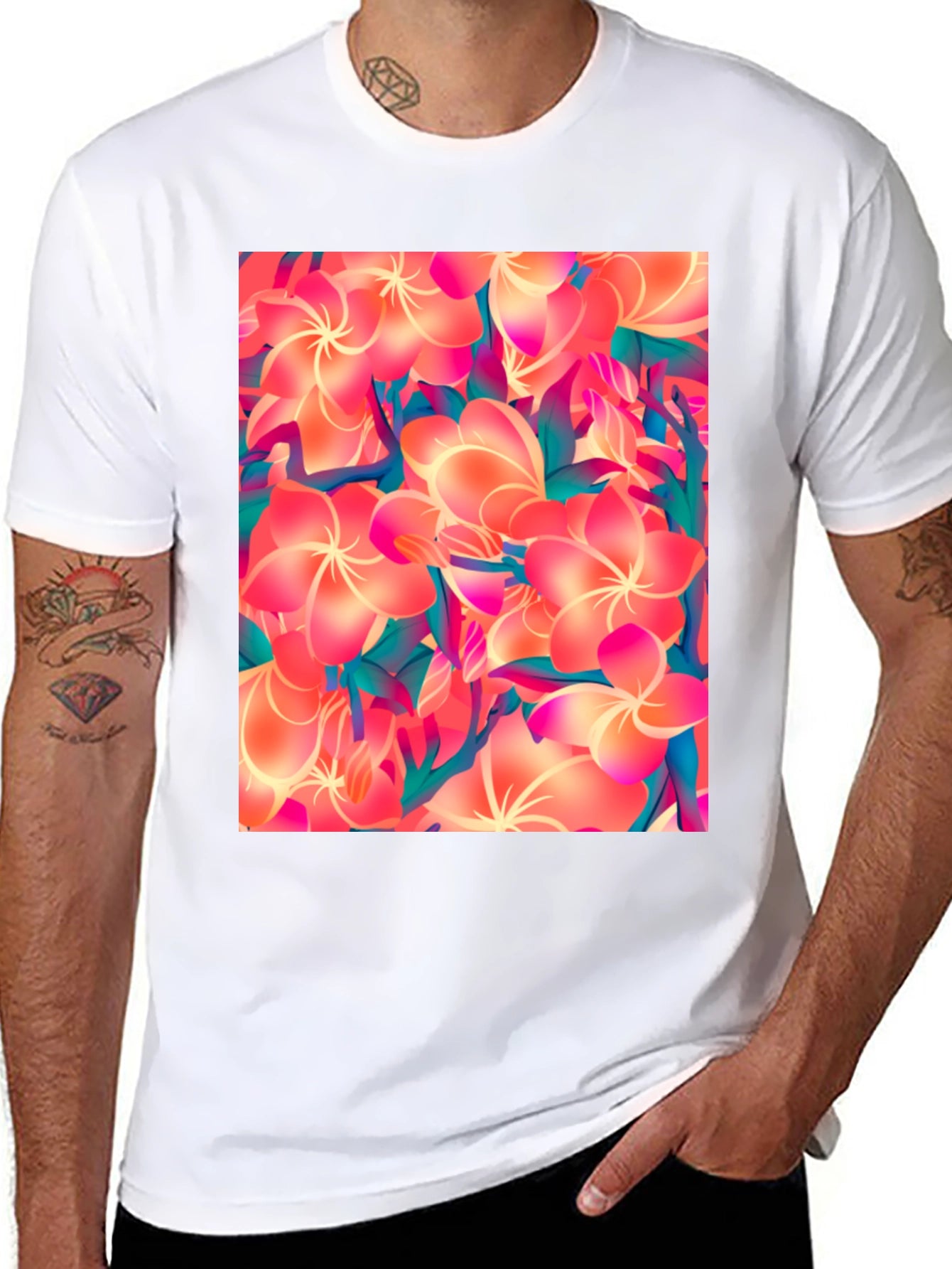 Tropical Floral Print Black T-Shirt