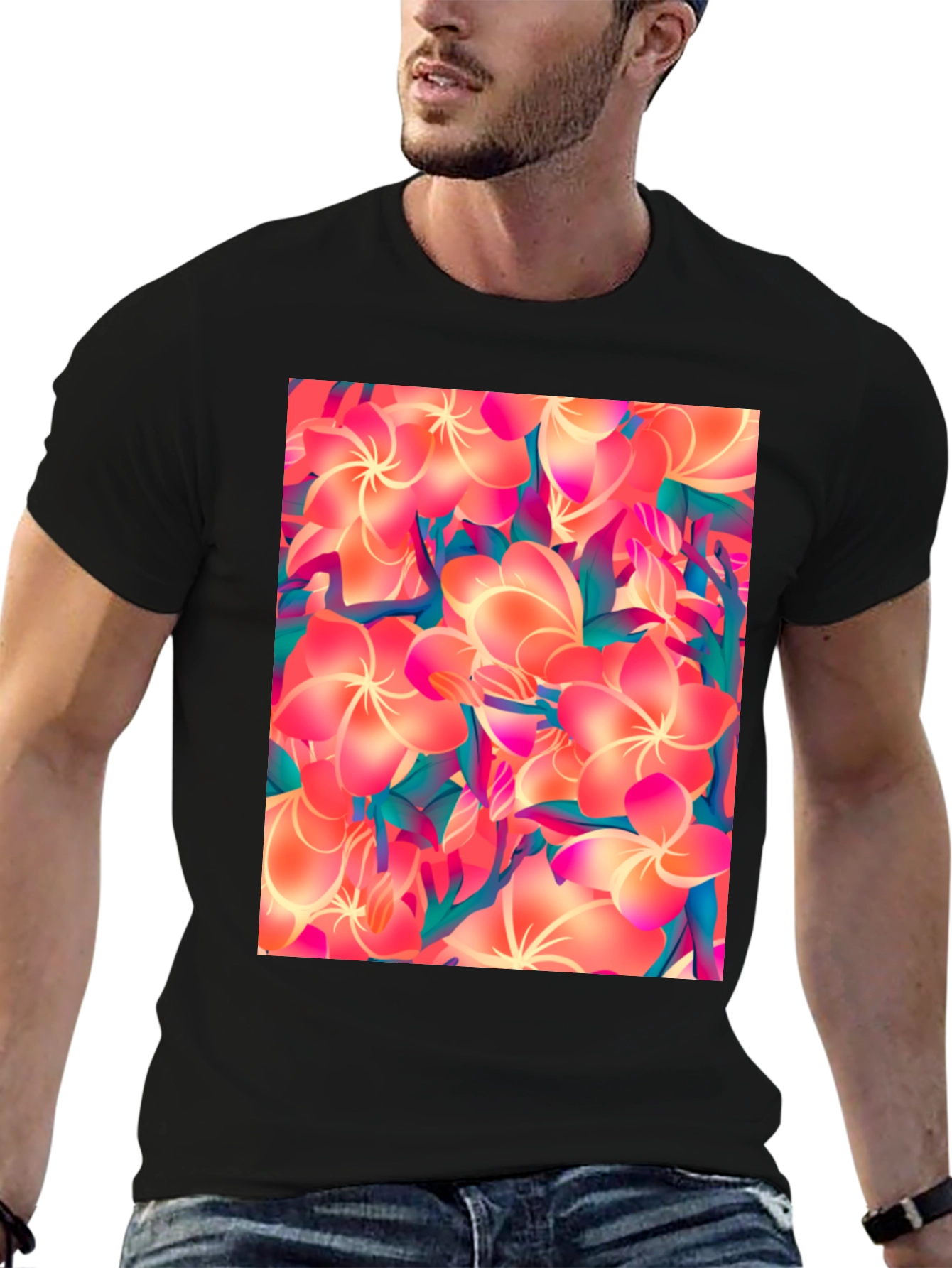 Tropical Floral Print Black T-Shirt