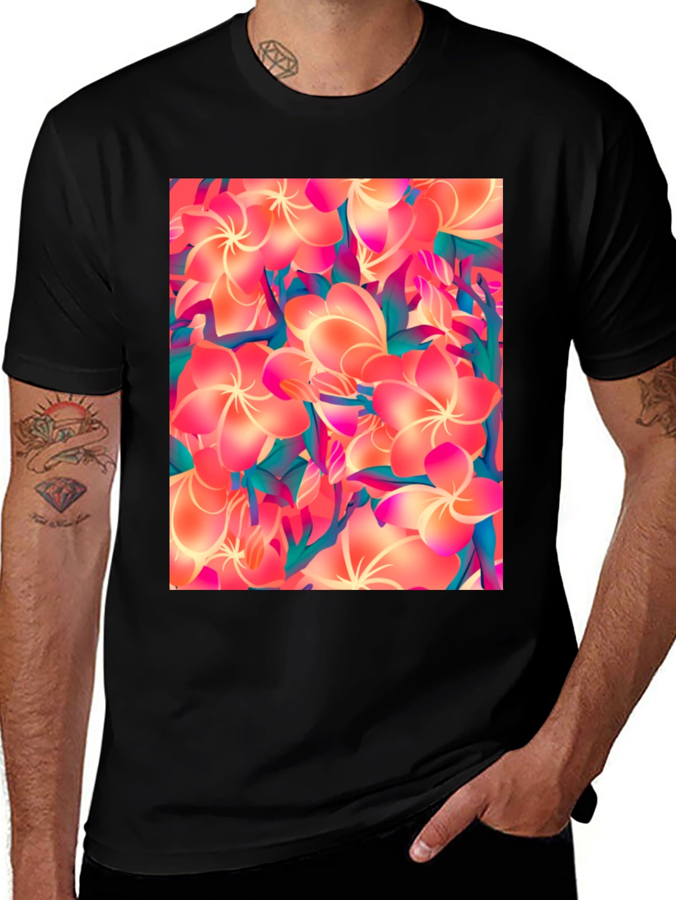 Tropical Floral Print Black T-Shirt
