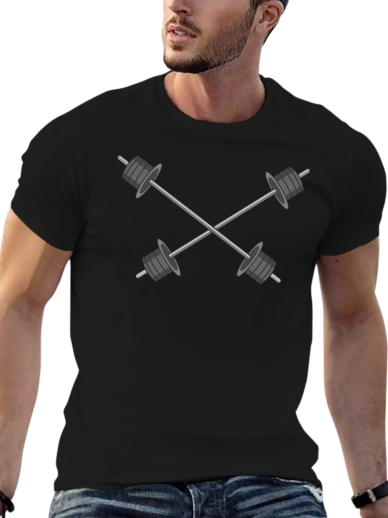 Crossed Barbells Graphic Tee - Black Cotton Gym Shirt