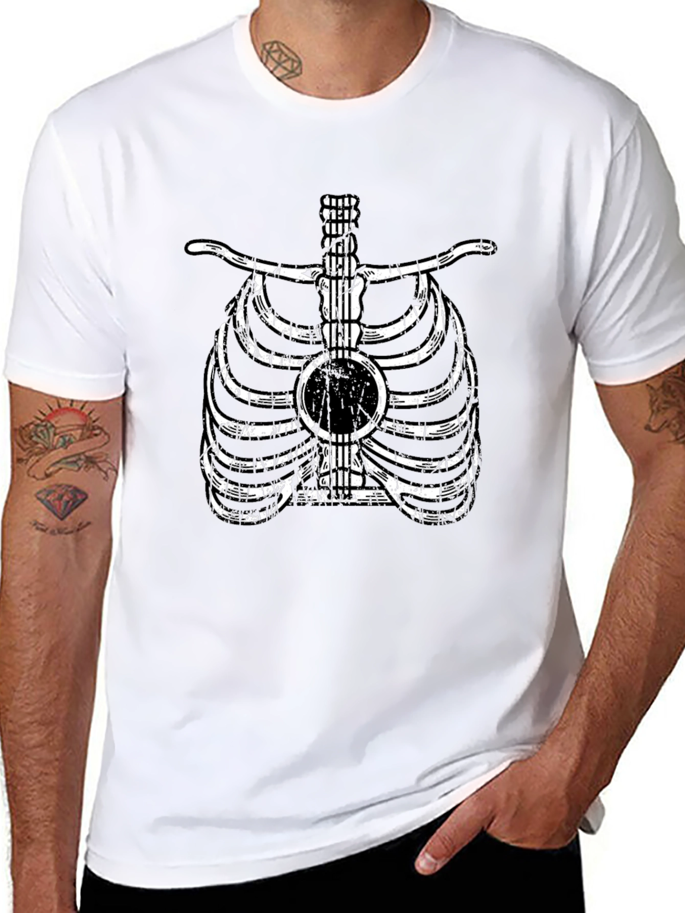 Guitar Rib Cage Graphic Tee - Musician Skeleton T-Shirt