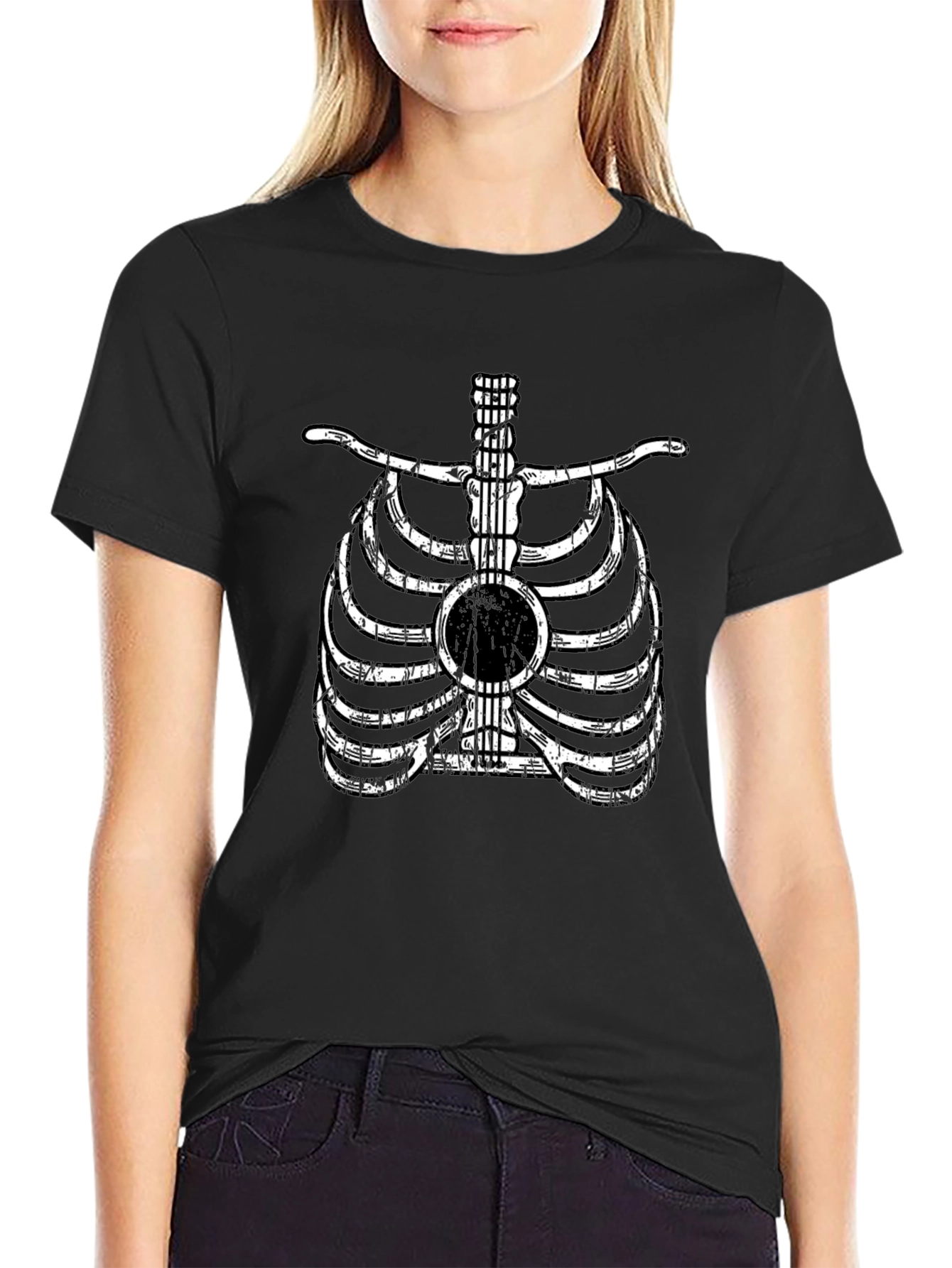Guitar Rib Cage Graphic Tee - Musician Skeleton T-Shirt