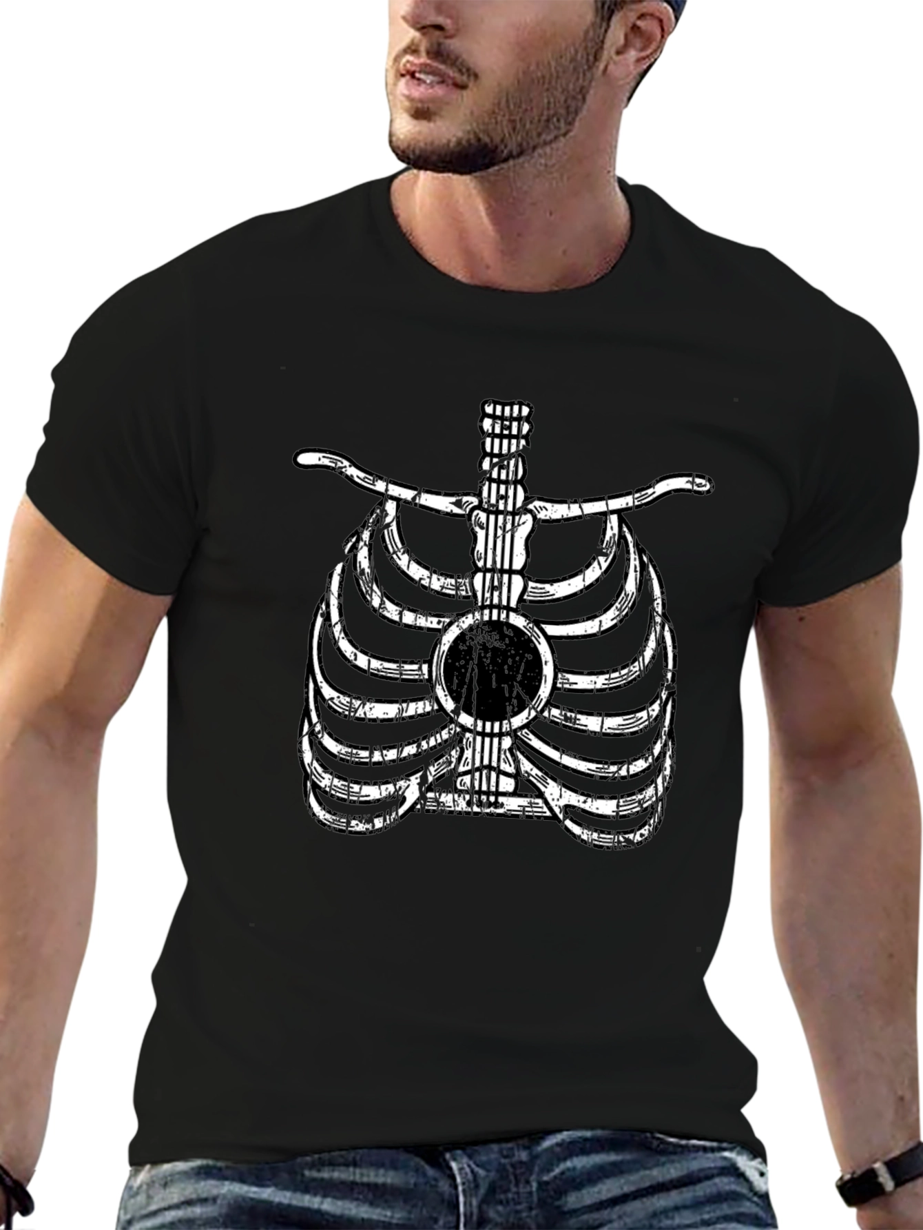Guitar Rib Cage Graphic Tee - Musician Skeleton T-Shirt