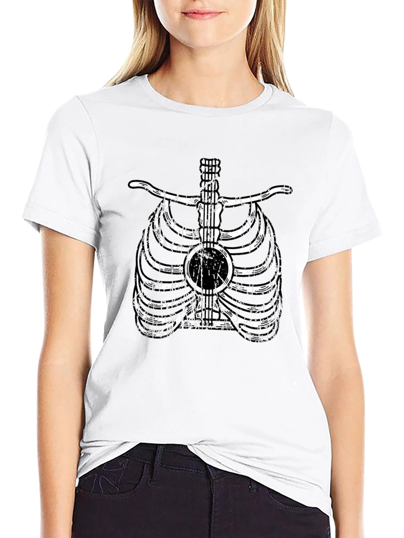 Guitar Rib Cage Graphic Tee - Musician Skeleton T-Shirt
