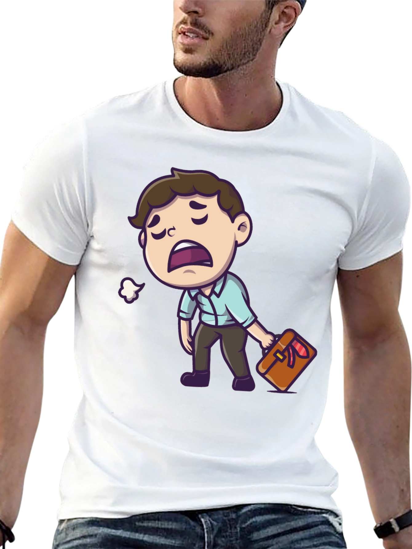 Tired Cartoon Man Graphic Tee - Black Casual Shirt