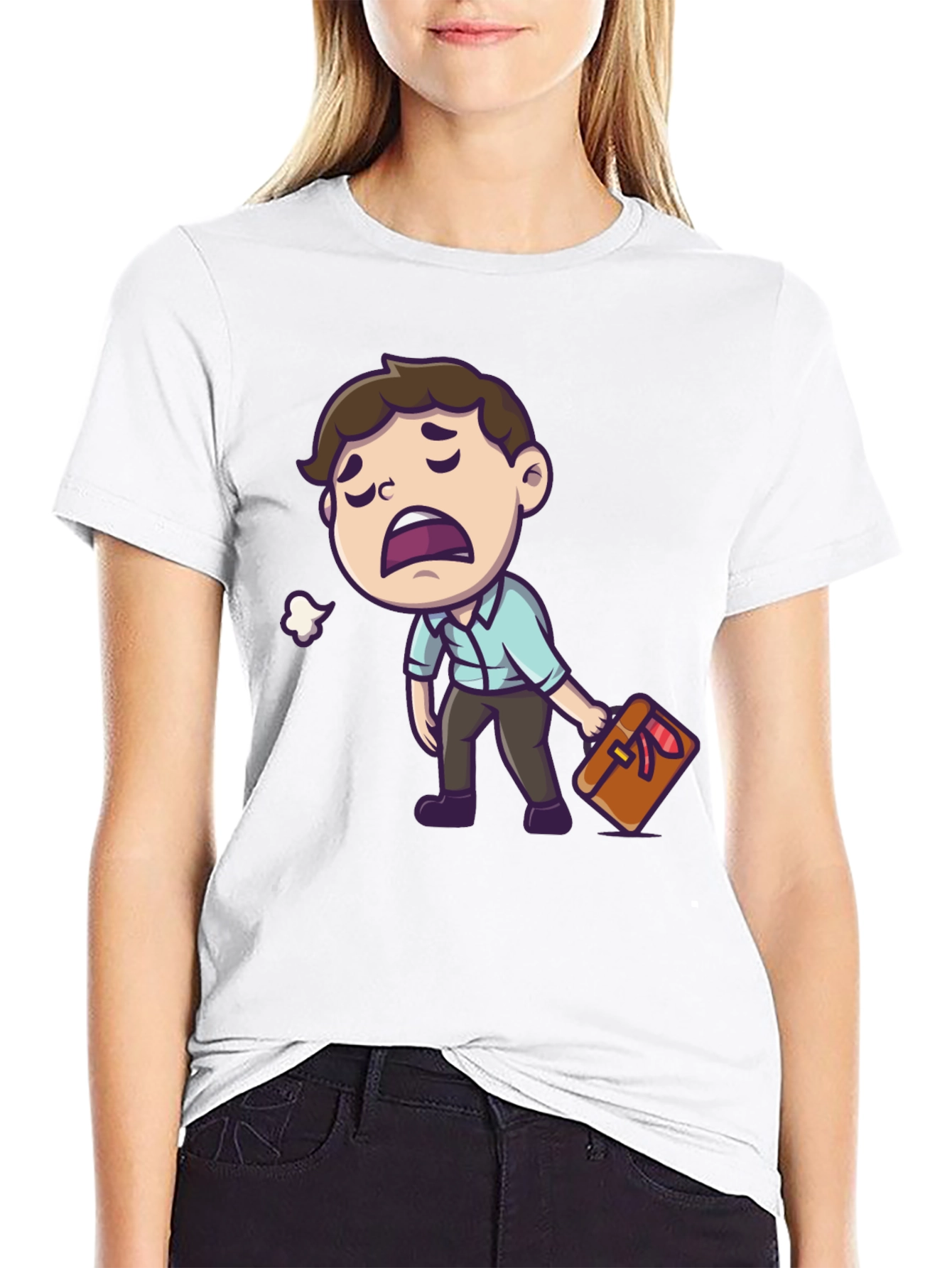Tired Cartoon Man Graphic Tee - Black Casual Shirt