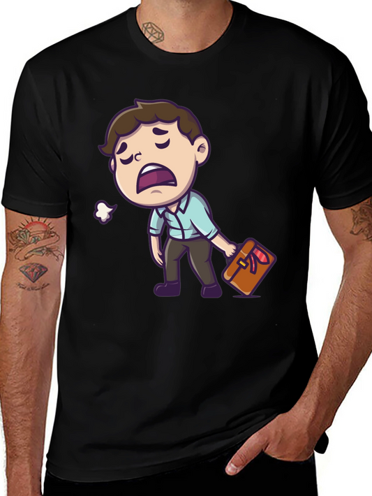 Tired Cartoon Man Graphic Tee - Black Casual Shirt