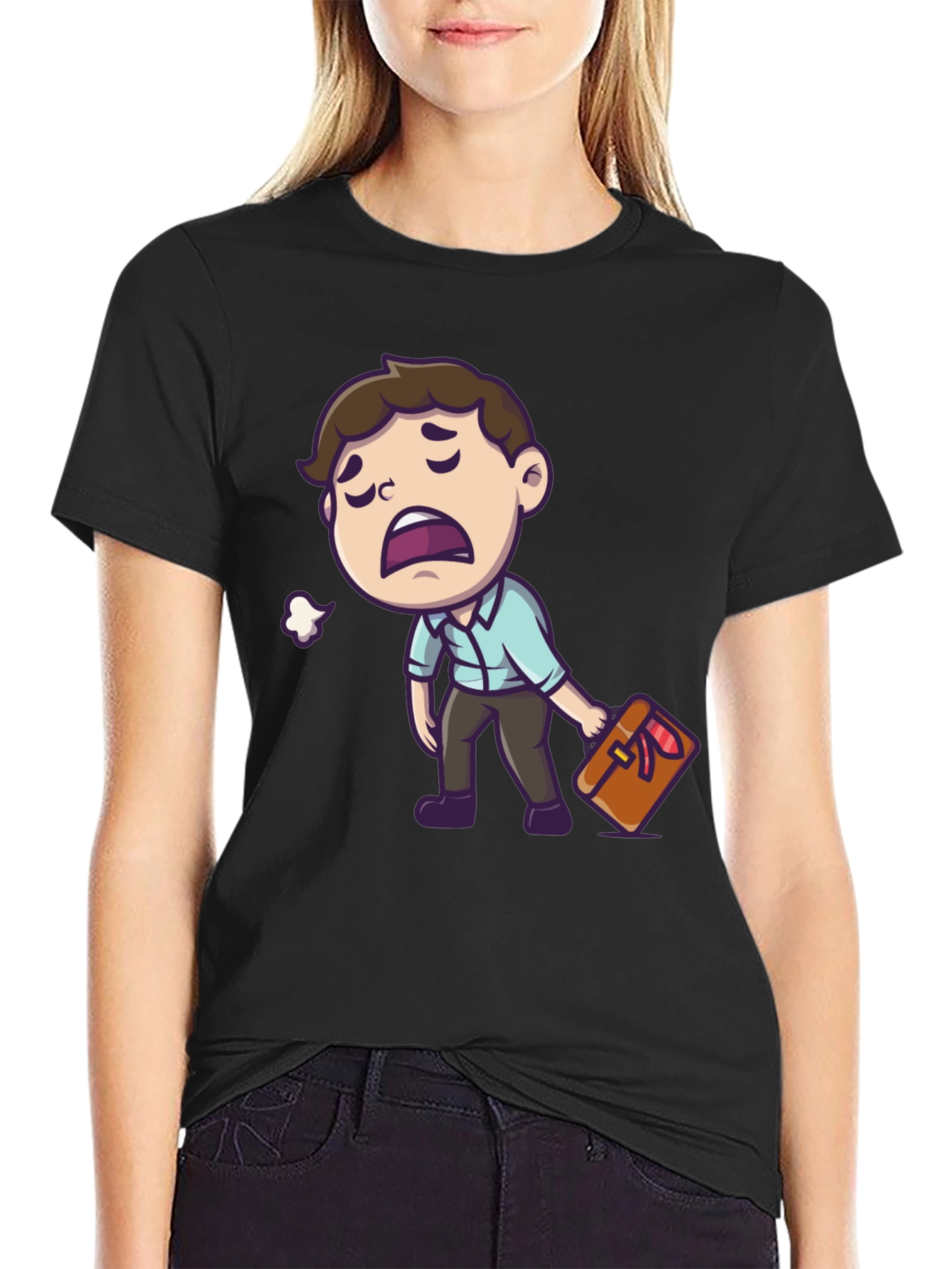 Tired Cartoon Man Graphic Tee - Black Casual Shirt