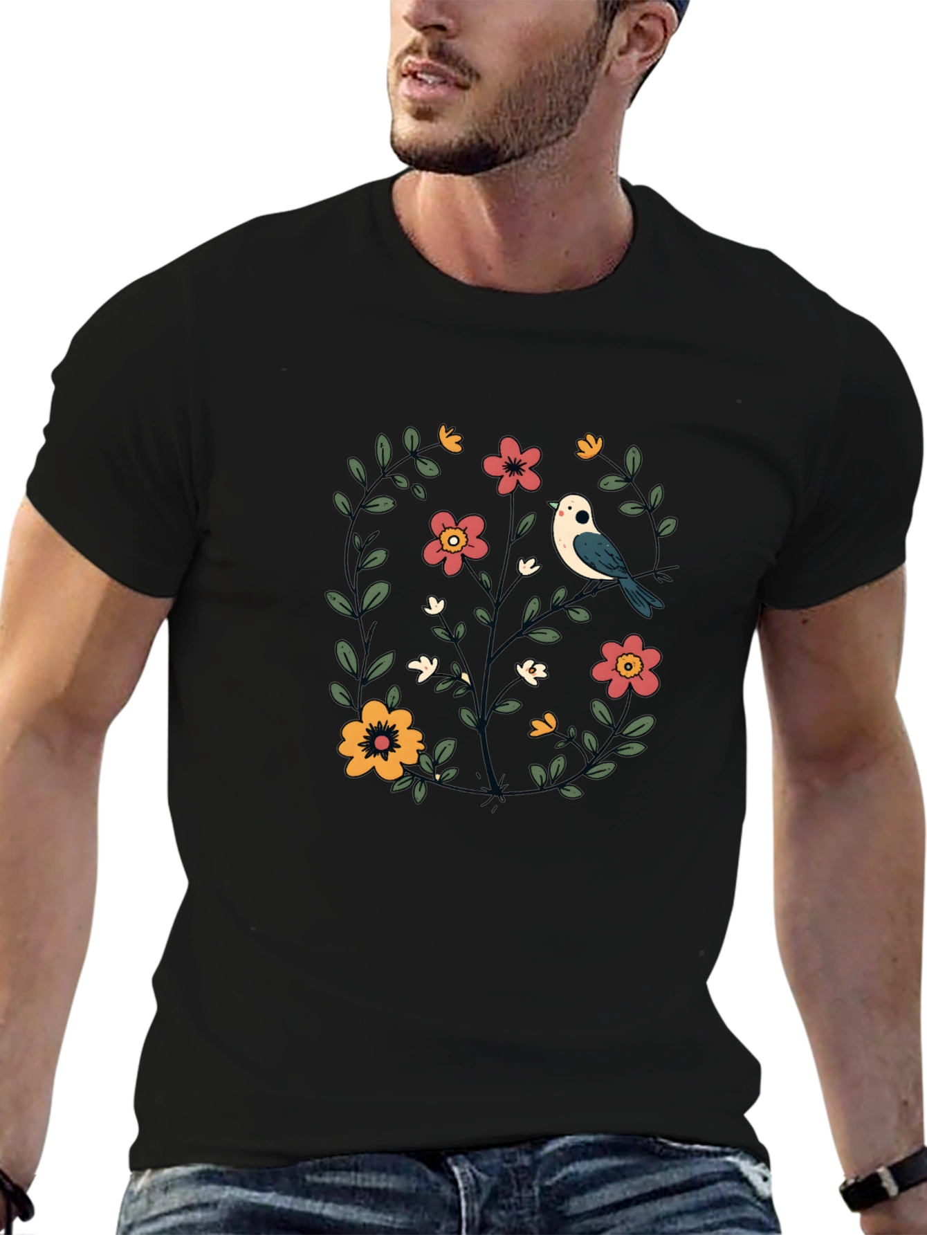 Floral Bird Graphic Black T-Shirt