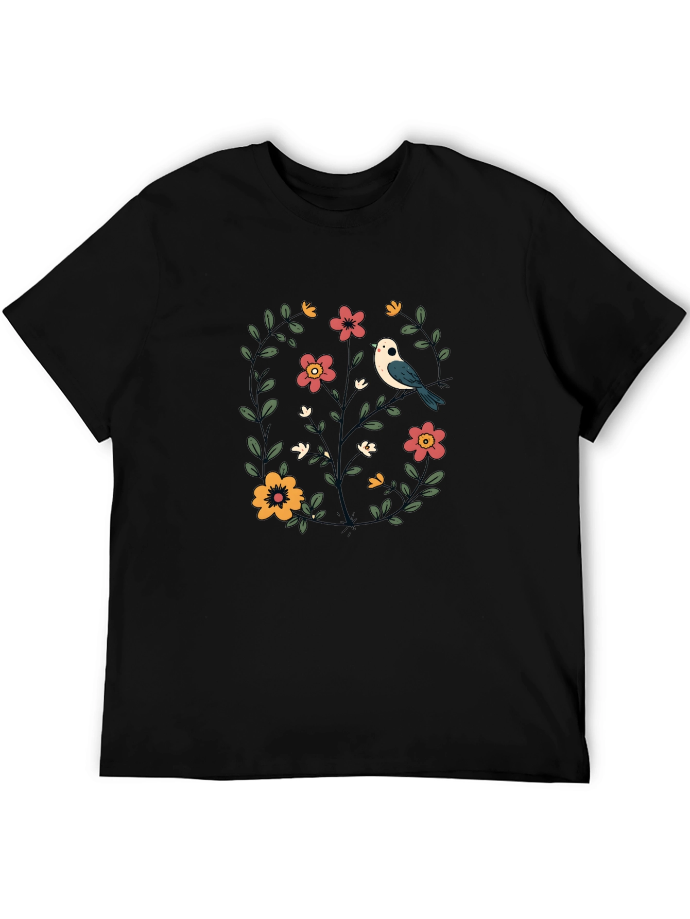 Floral Bird Graphic Black T-Shirt