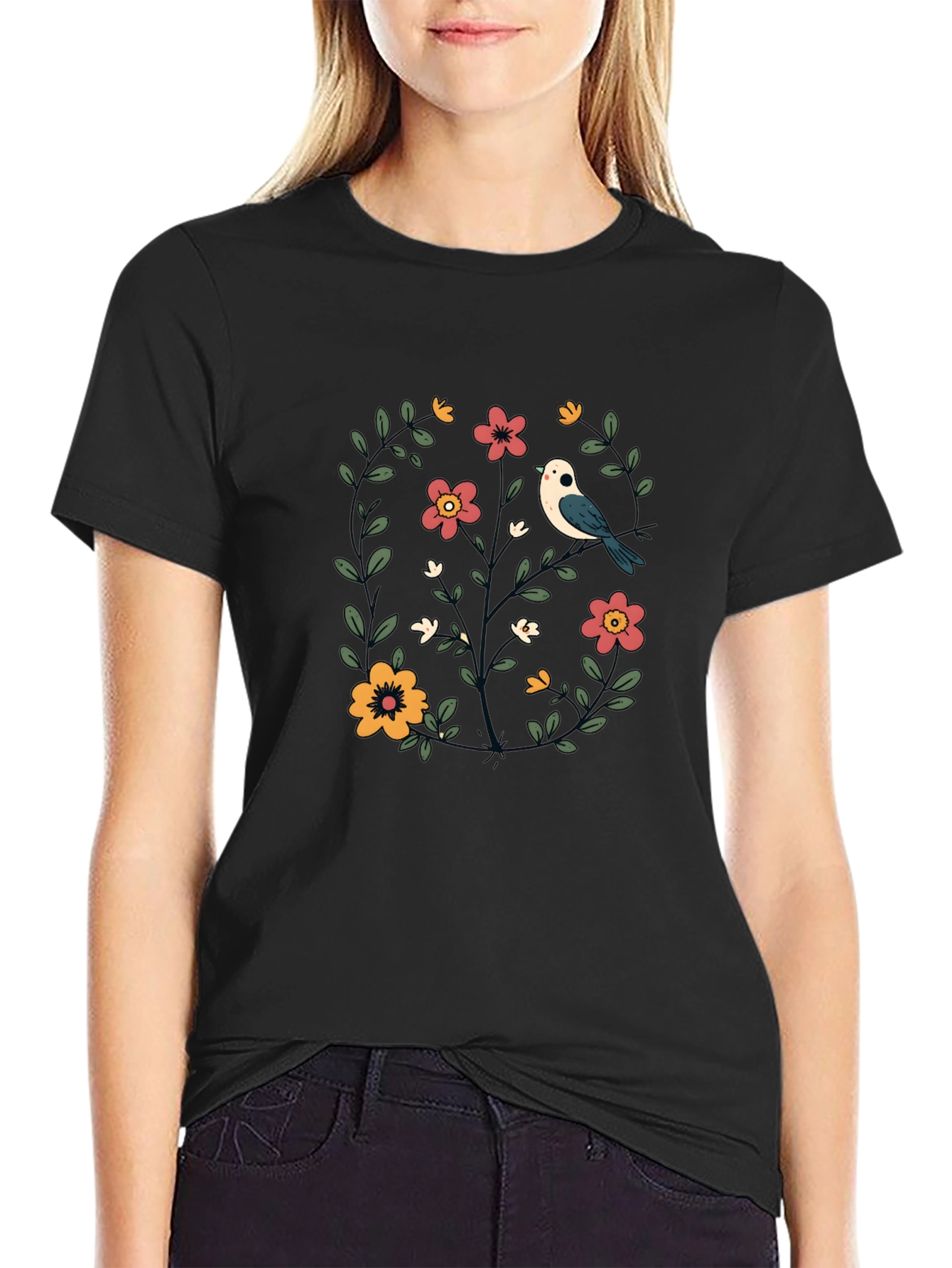 Floral Bird Graphic Black T-Shirt