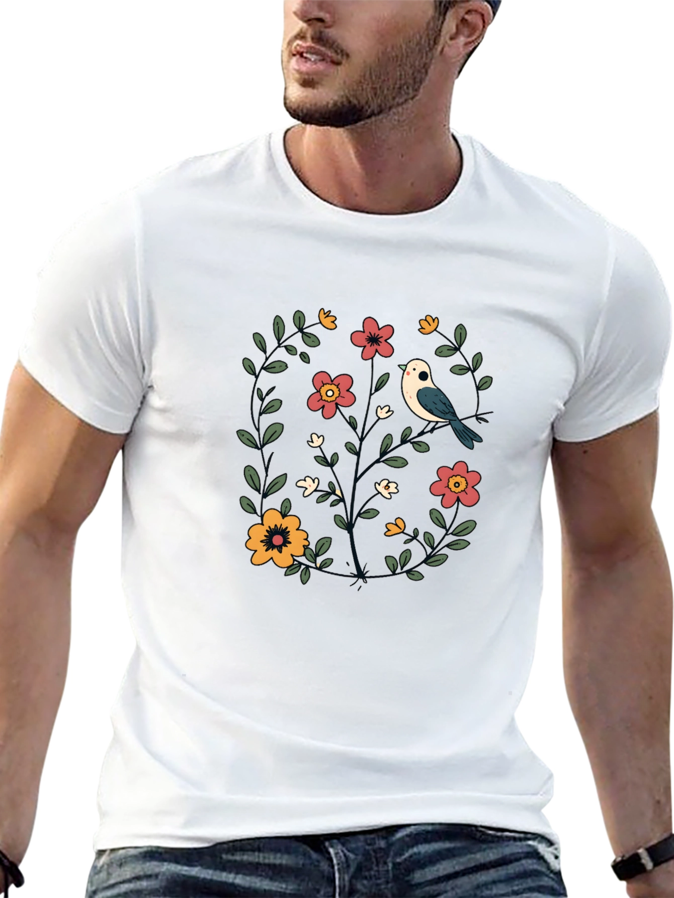 Floral Bird Graphic Black T-Shirt