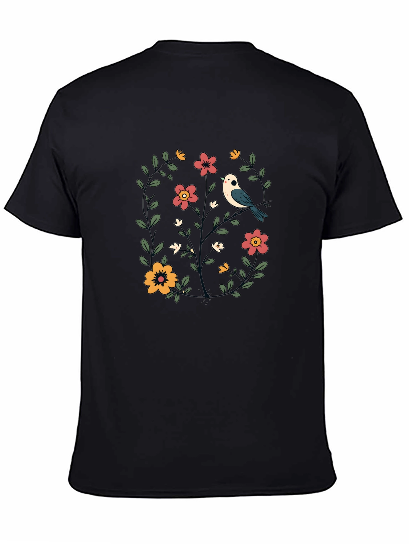 Floral Bird Graphic Black T-Shirt