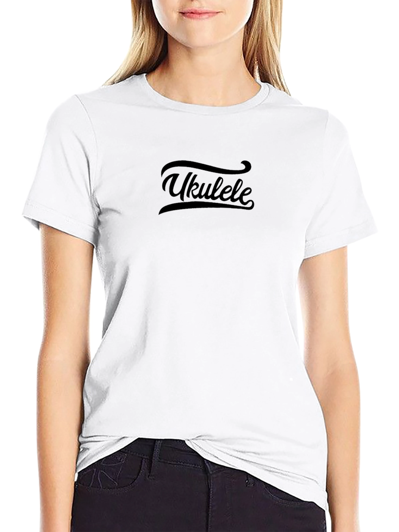 Ukulele Graphic Tee - Solid Black Crew Neck T-Shirt