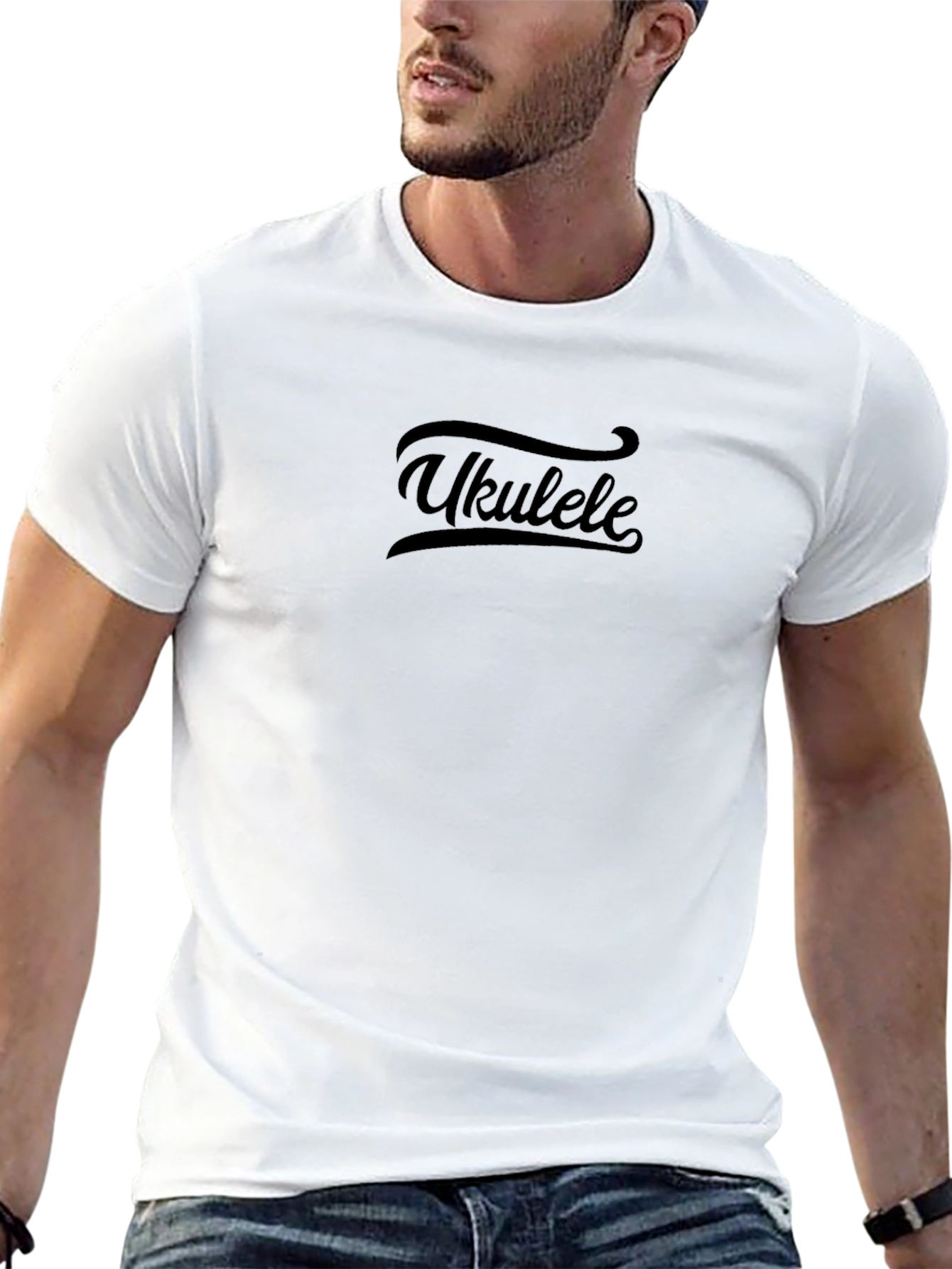 Ukulele Graphic Tee - Solid Black Crew Neck T-Shirt