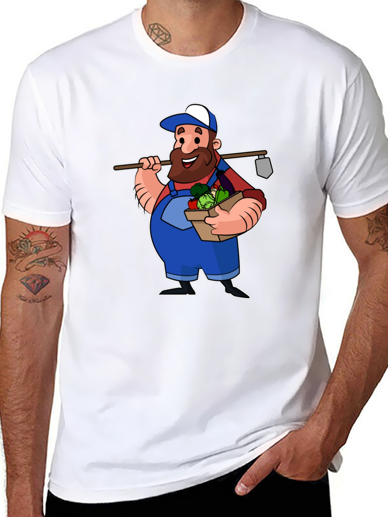 Cartoon Farmer Graphic T-Shirt - Black Cotton Tee