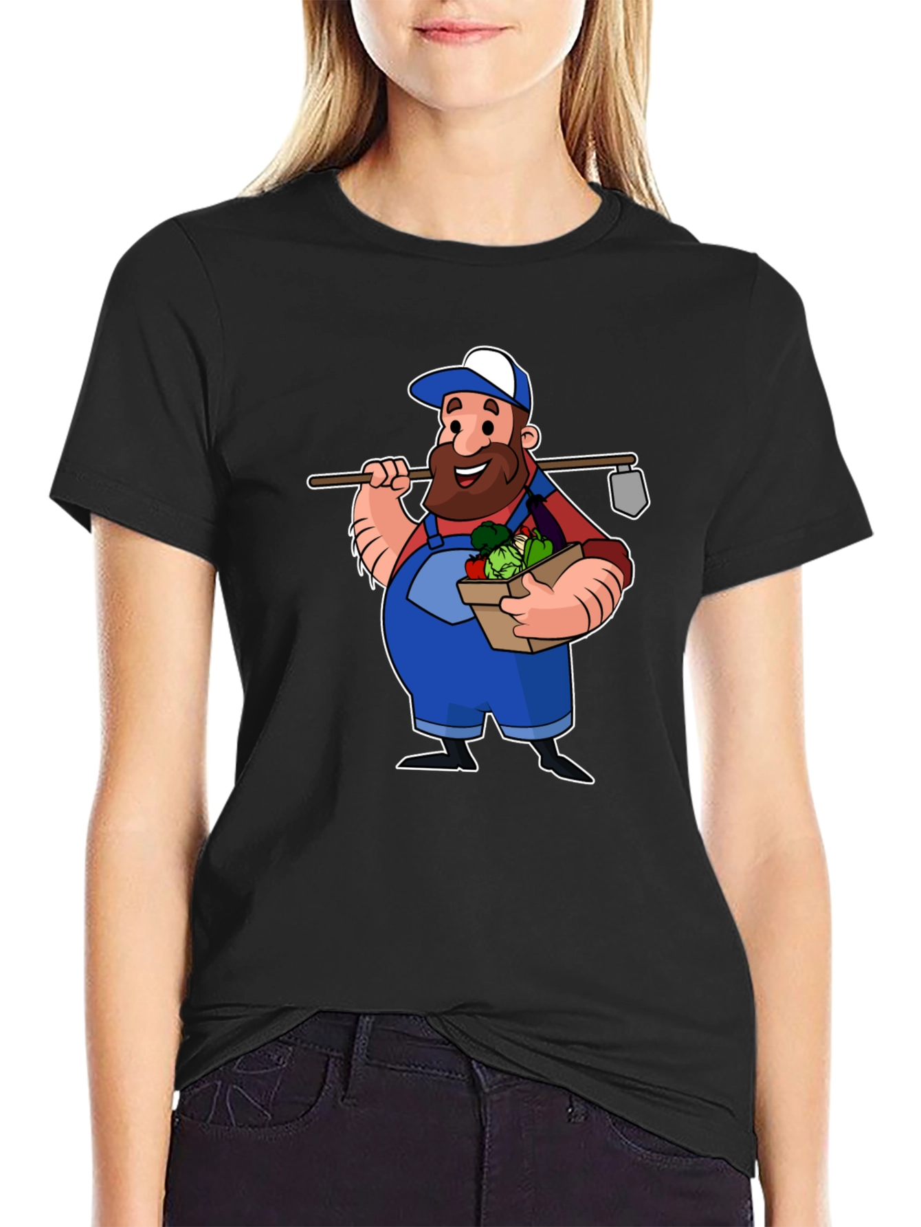 Cartoon Farmer Graphic T-Shirt - Black Cotton Tee