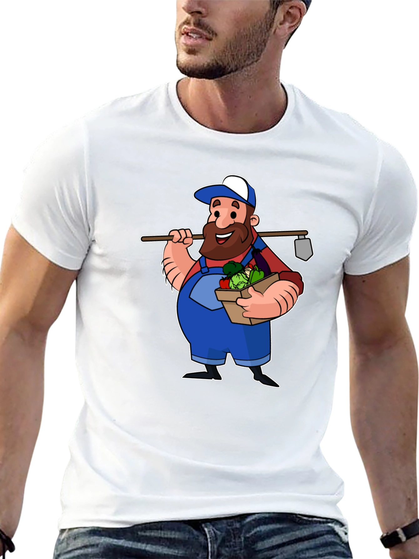 Cartoon Farmer Graphic T-Shirt - Black Cotton Tee