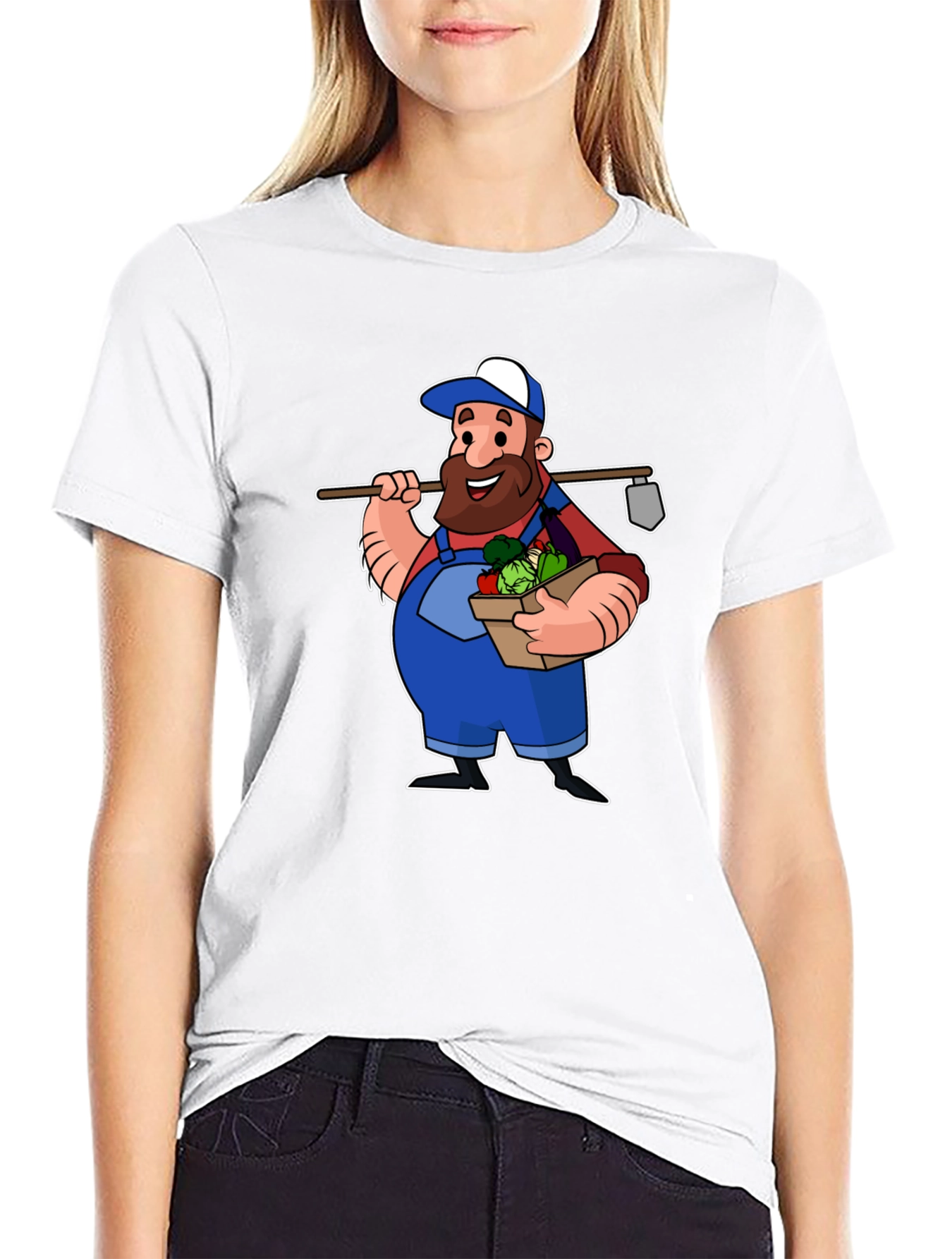 Cartoon Farmer Graphic T-Shirt - Black Cotton Tee