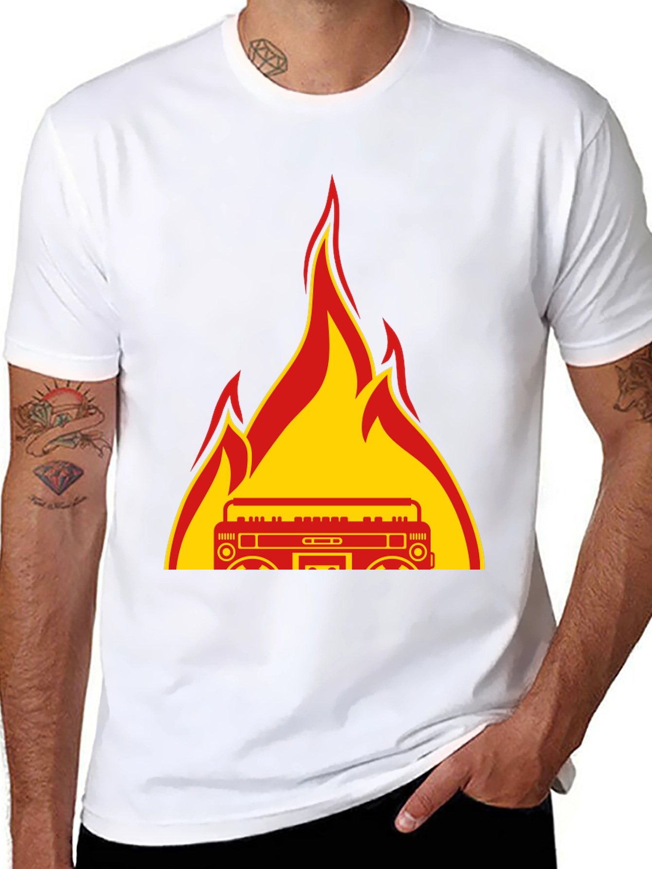 Flaming Boombox Graphic Tee - Retro Style